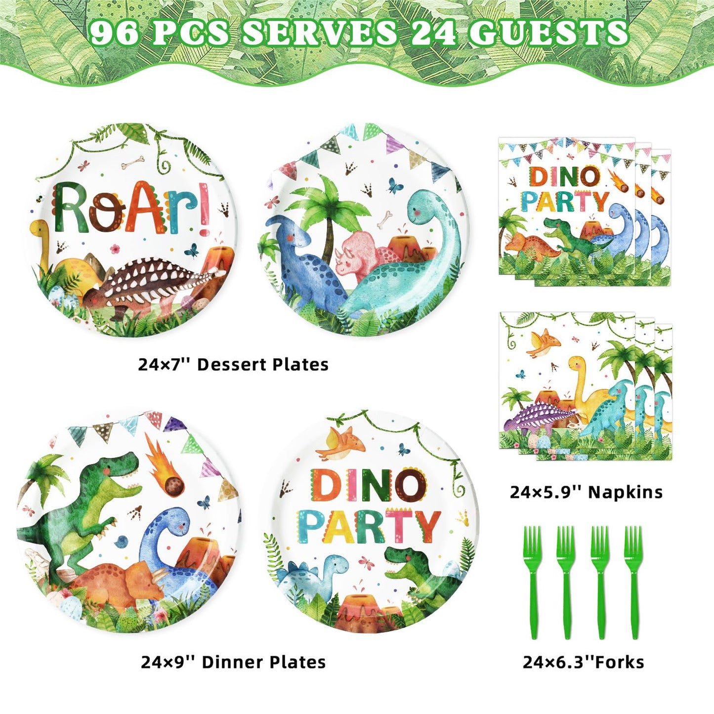 Kinovo 96 Pcs Dinosaur Plates & Napkins Tableware Set – Serves 24, Kids Birthday Party Supplies