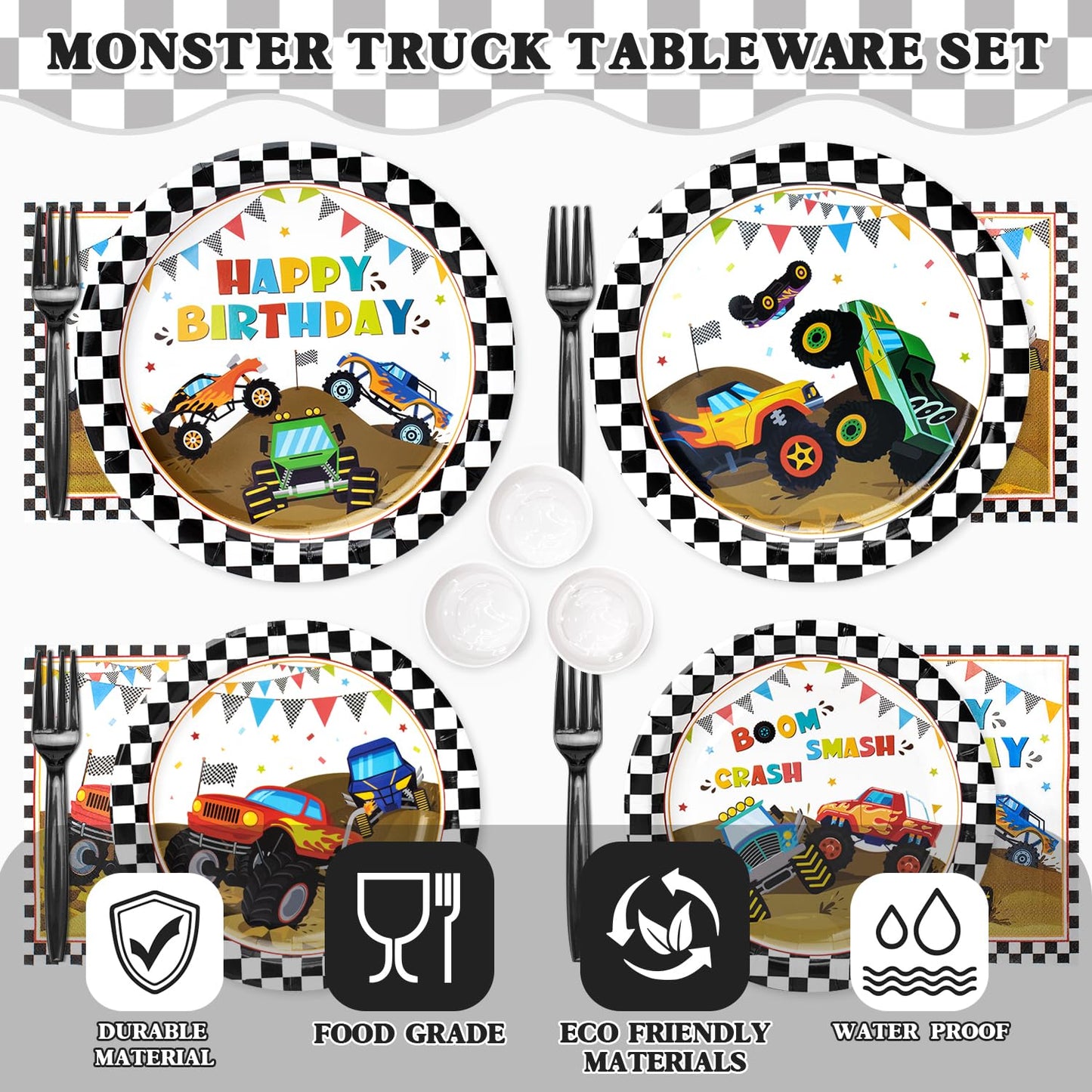 Kinovo 183Pcs Monster Truck Party Supplies – Plates, Napkins, Cups for 26 Guests