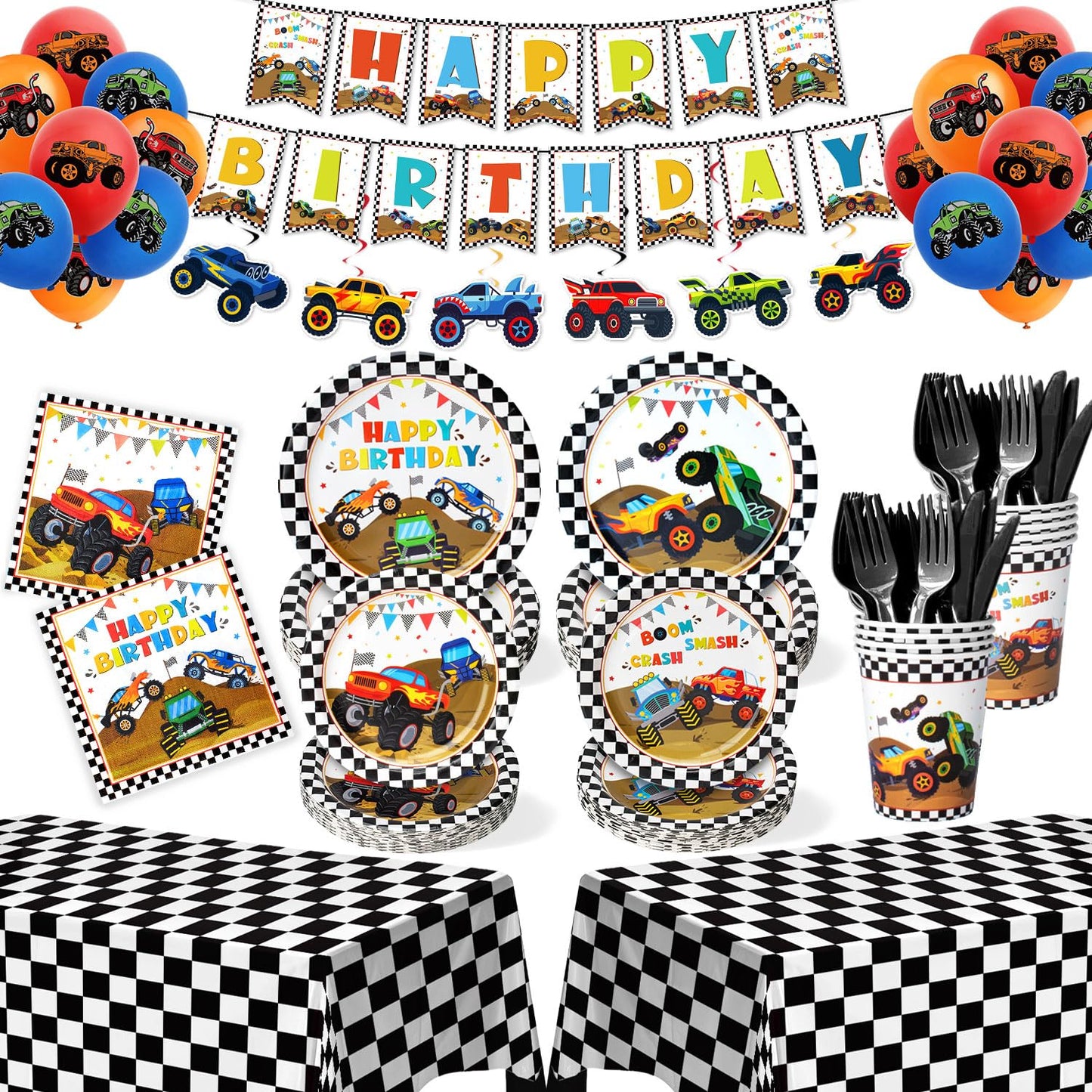Kinovo 183Pcs Monster Truck Party Supplies – Plates, Napkins, Cups for 26 Guests