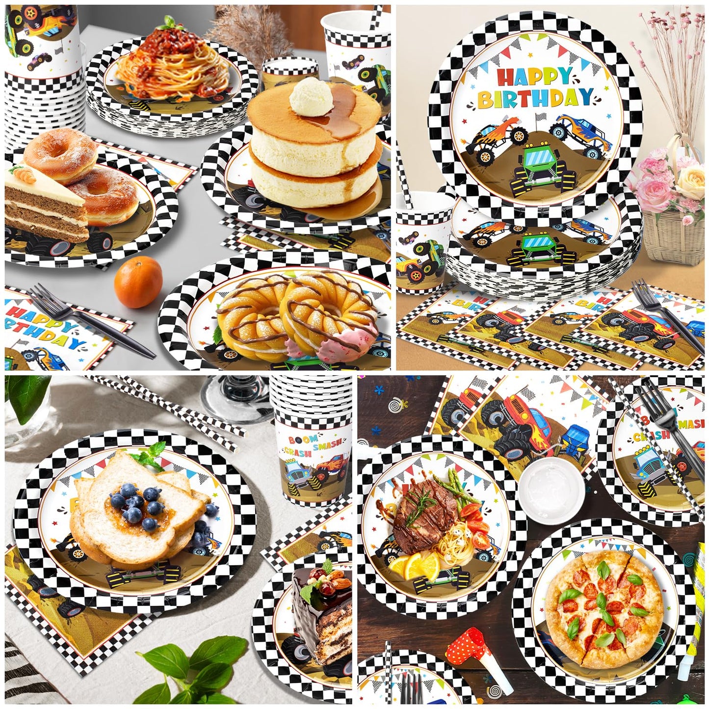 Kinovo 183Pcs Monster Truck Party Supplies – Plates, Napkins, Cups for 26 Guests