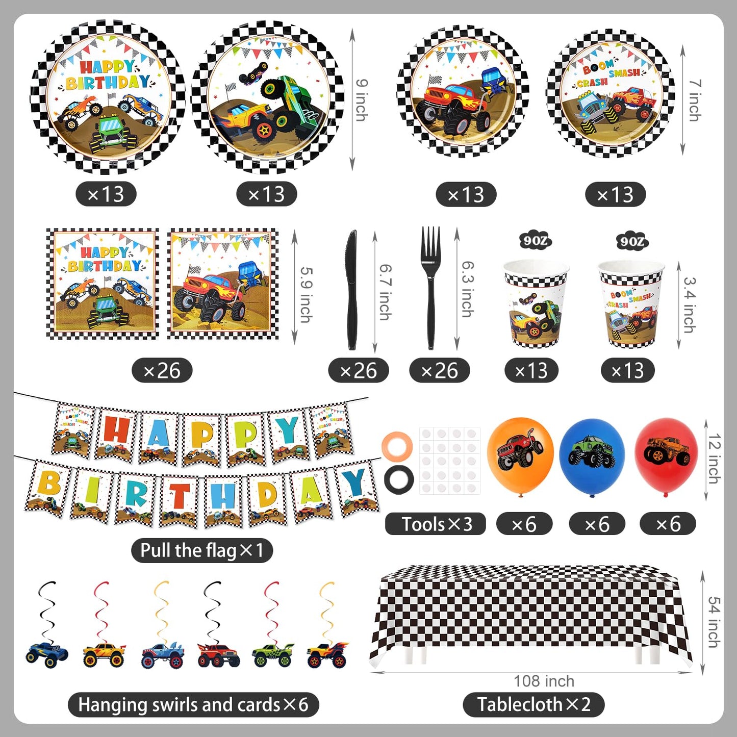 Kinovo 183Pcs Monster Truck Party Supplies – Plates, Napkins, Cups for 26 Guests