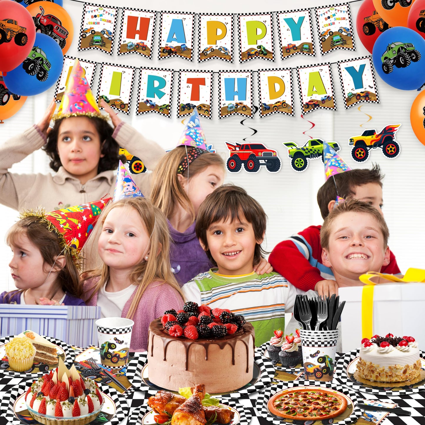 Kinovo 183Pcs Monster Truck Party Supplies – Plates, Napkins, Cups for 26 Guests