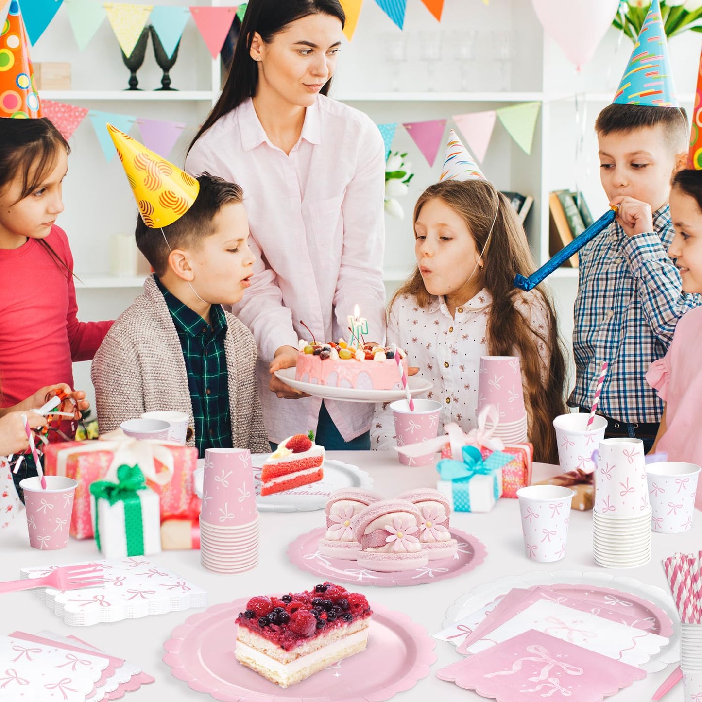 Kinovo Pink Bow Party Tableware Set — 300 Pcs for 50 Guests