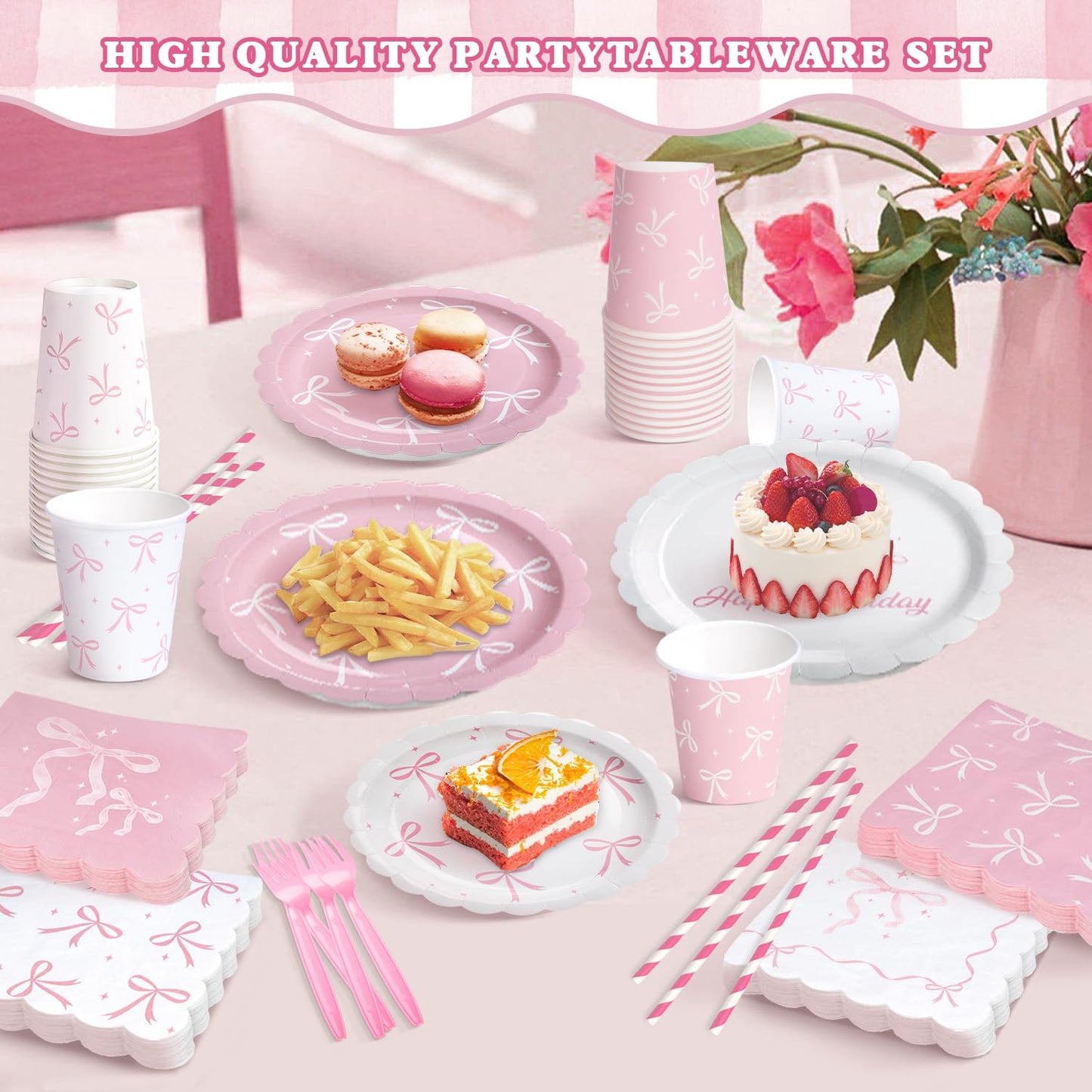 Kinovo Pink Bow Party Tableware Set — 300 Pcs for 50 Guests