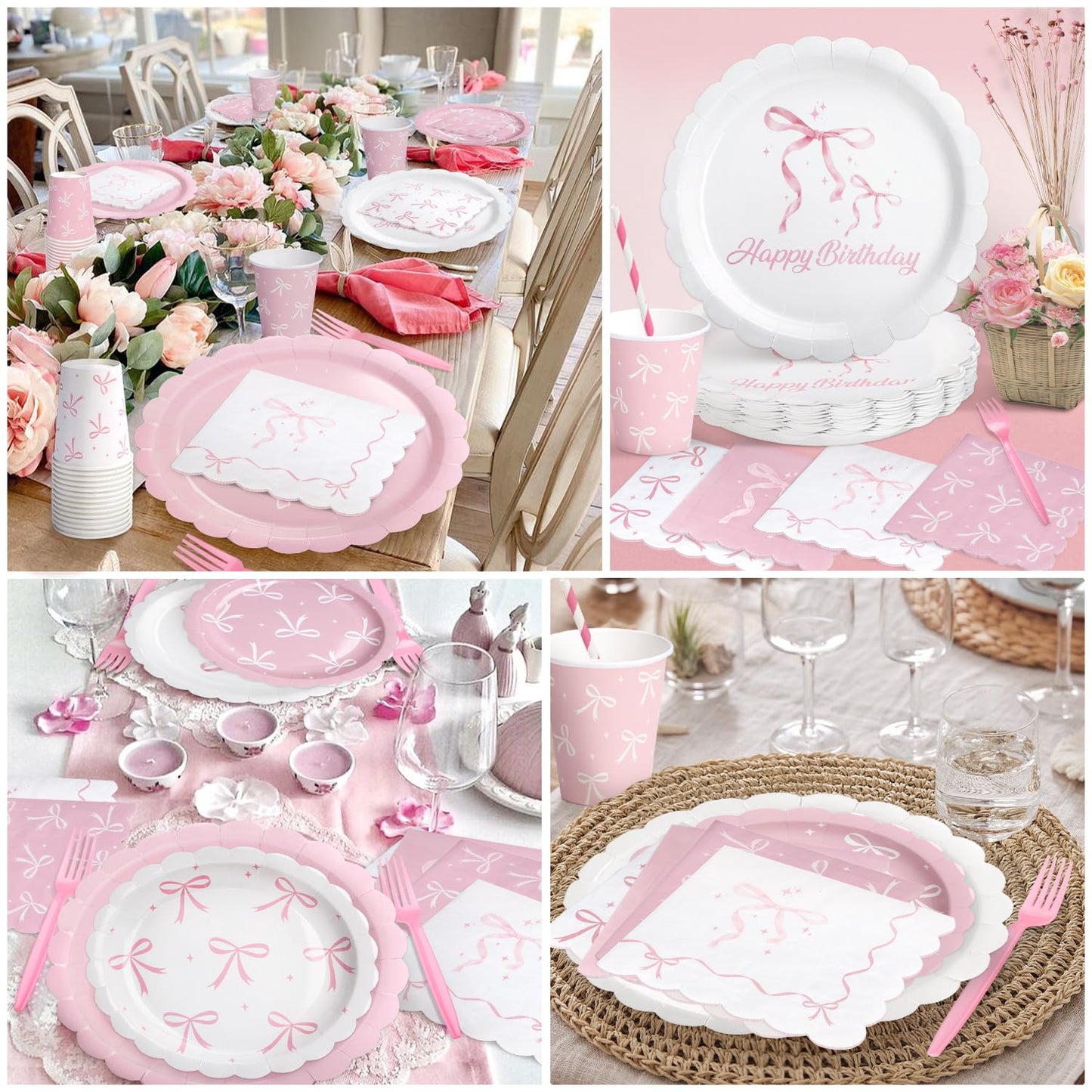 Kinovo Pink Bow Party Tableware Set — 300 Pcs for 50 Guests