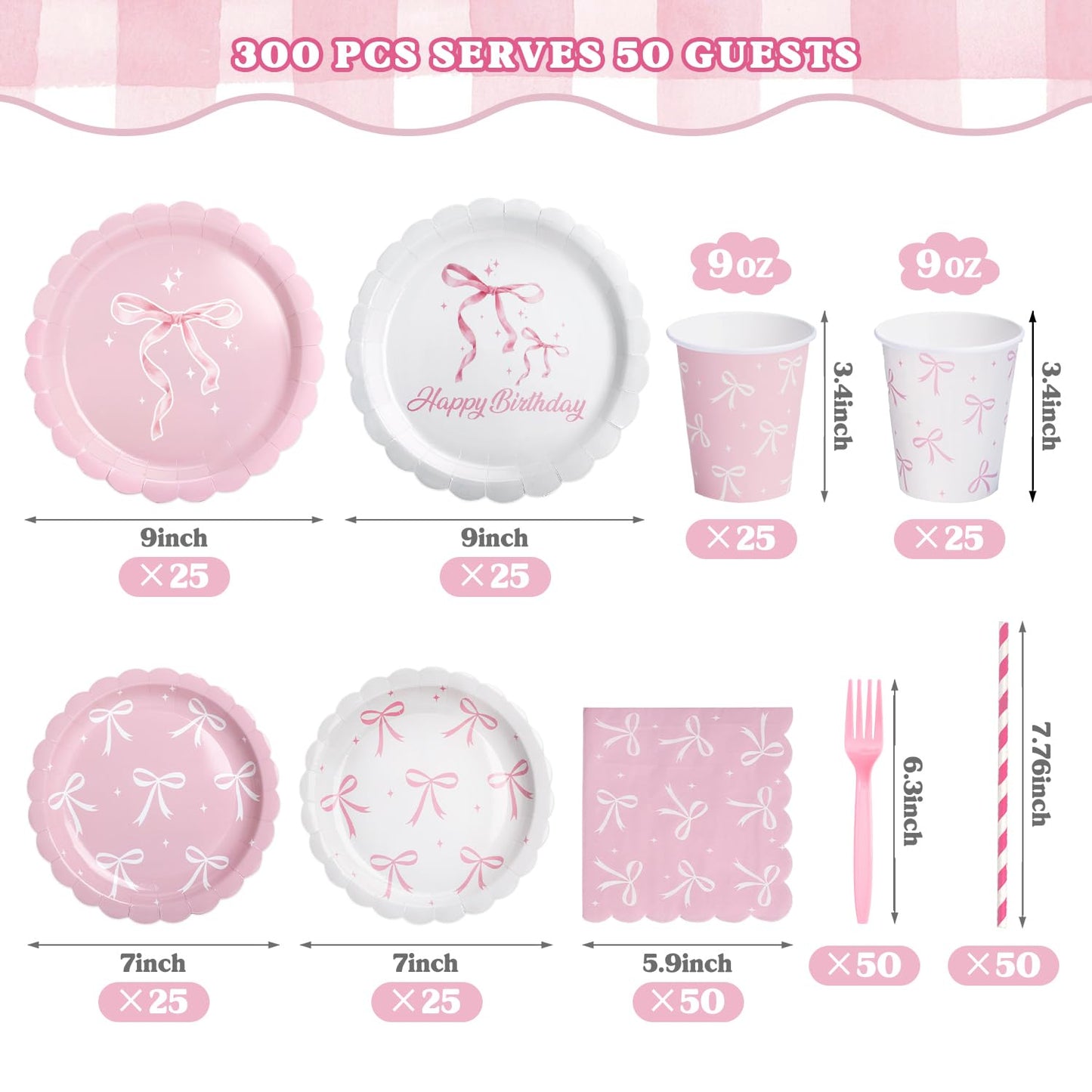 Kinovo Pink Bow Party Tableware Set — 300 Pcs for 50 Guests