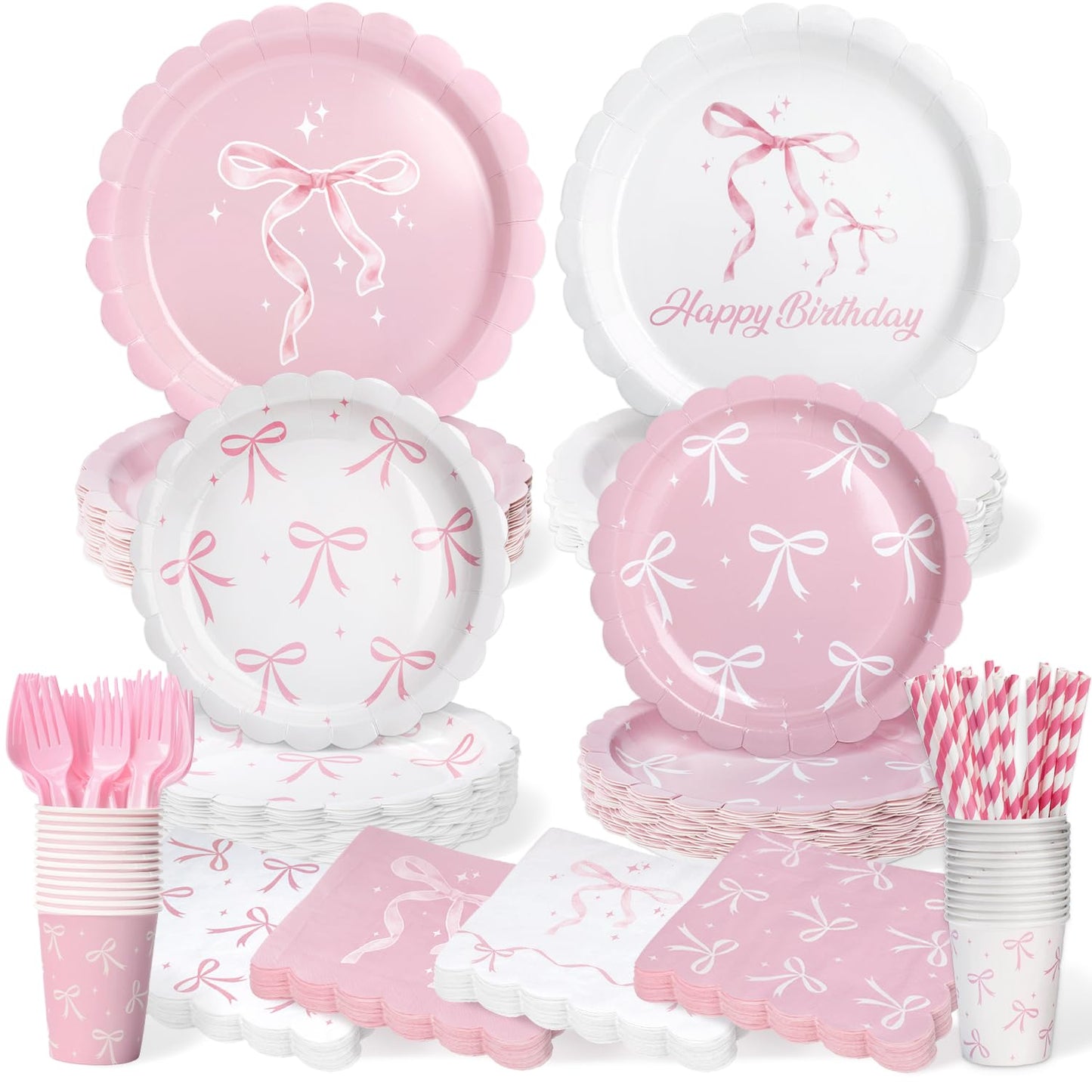 Kinovo Pink Bow Party Tableware Set — 300 Pcs for 50 Guests