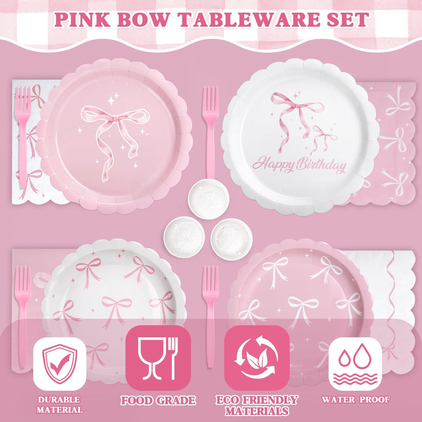 Kinovo Pink Bow Party Tableware Set — 300 Pcs for 50 Guests