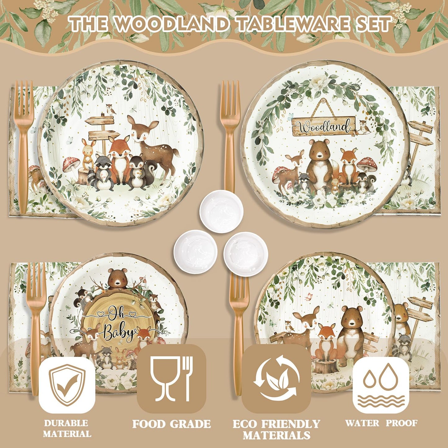 Kinovo 300Pcs Woodland Baby Shower Party Supplies – Serves 50 Guests