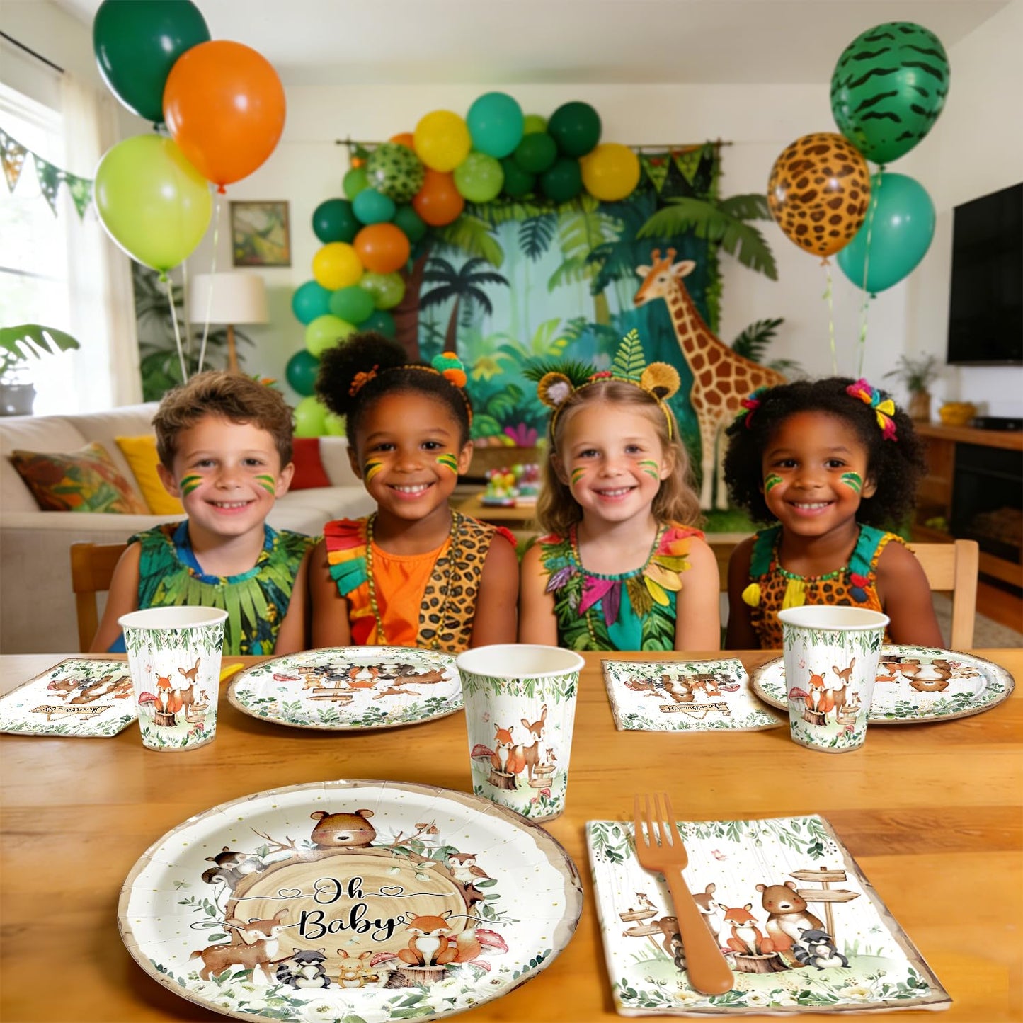Kinovo 96 Pcs Woodland Baby Shower Party Supplies – Serves 24 Guests