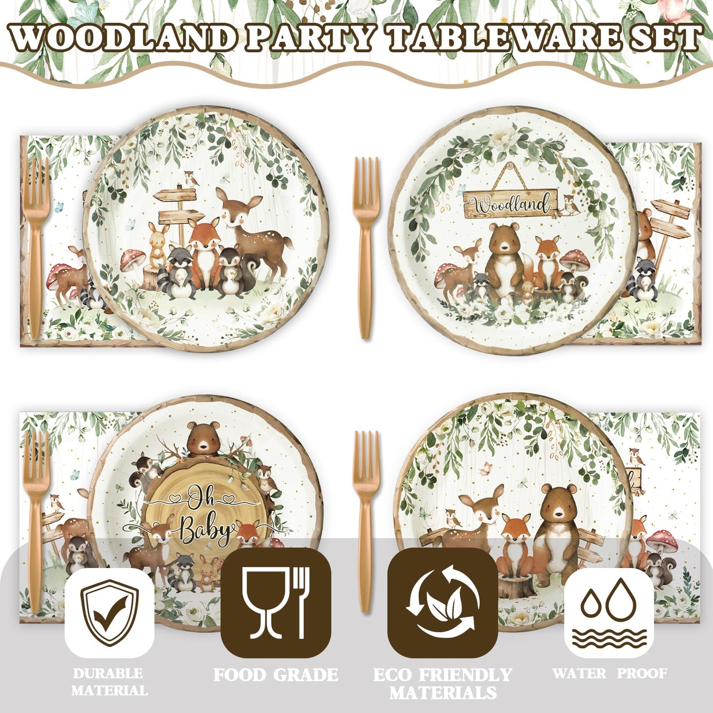 Kinovo 96 Pcs Woodland Baby Shower Party Supplies – Serves 24 Guests