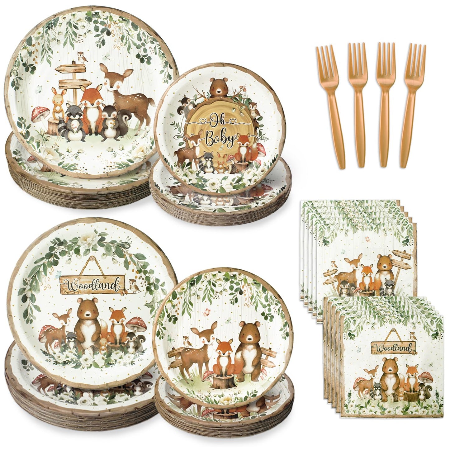 Kinovo 96 Pcs Woodland Baby Shower Party Supplies – Serves 24 Guests