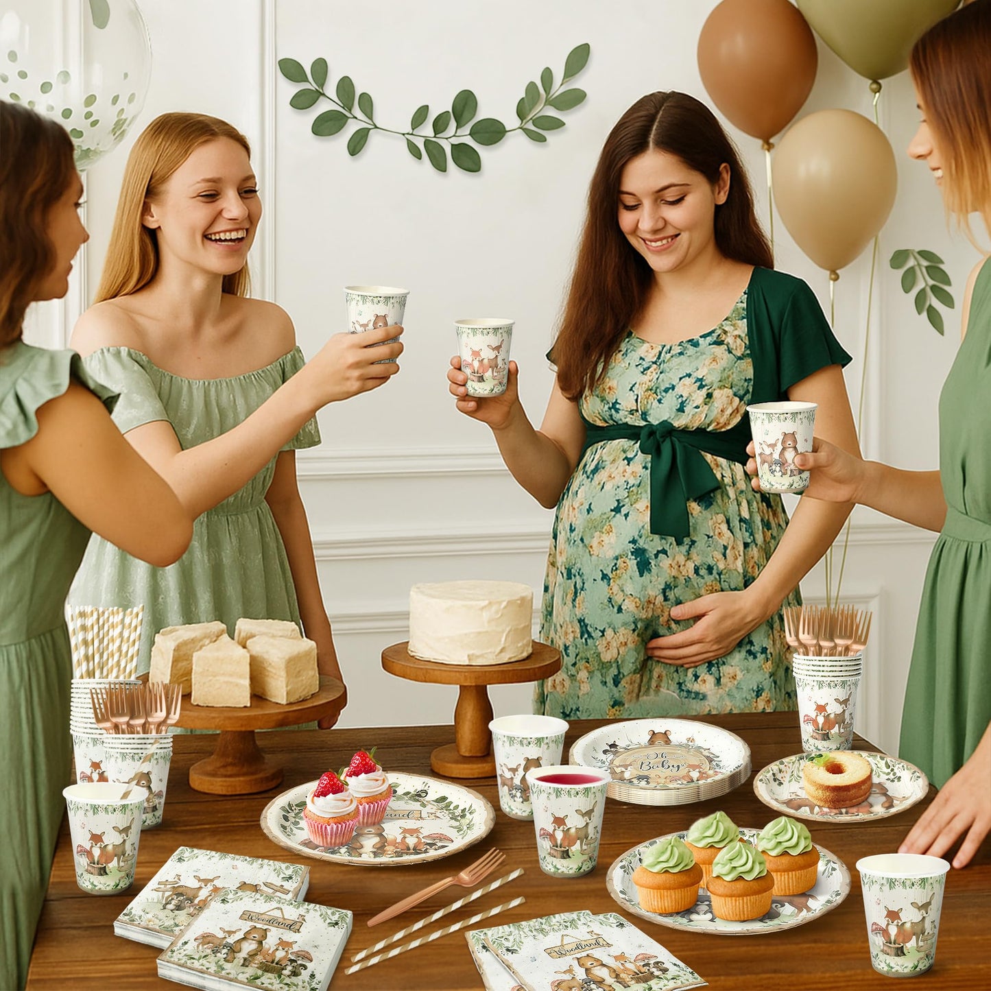 Kinovo 300Pcs Woodland Baby Shower Party Supplies – Serves 50 Guests
