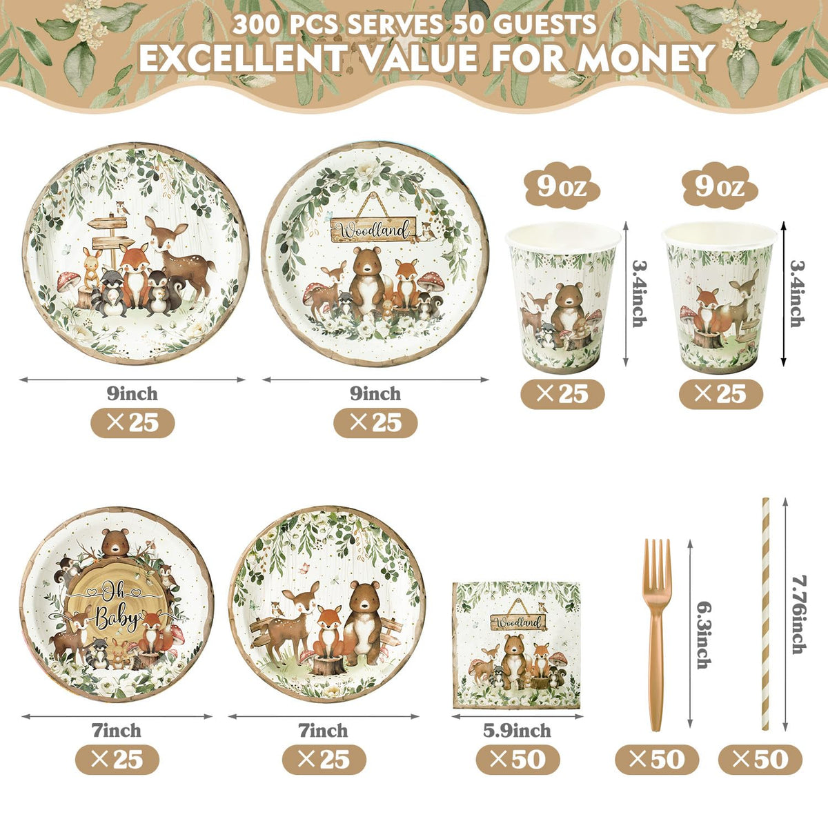 Kinovo 300Pcs Woodland Baby Shower Party Supplies – Serves 50 Guests