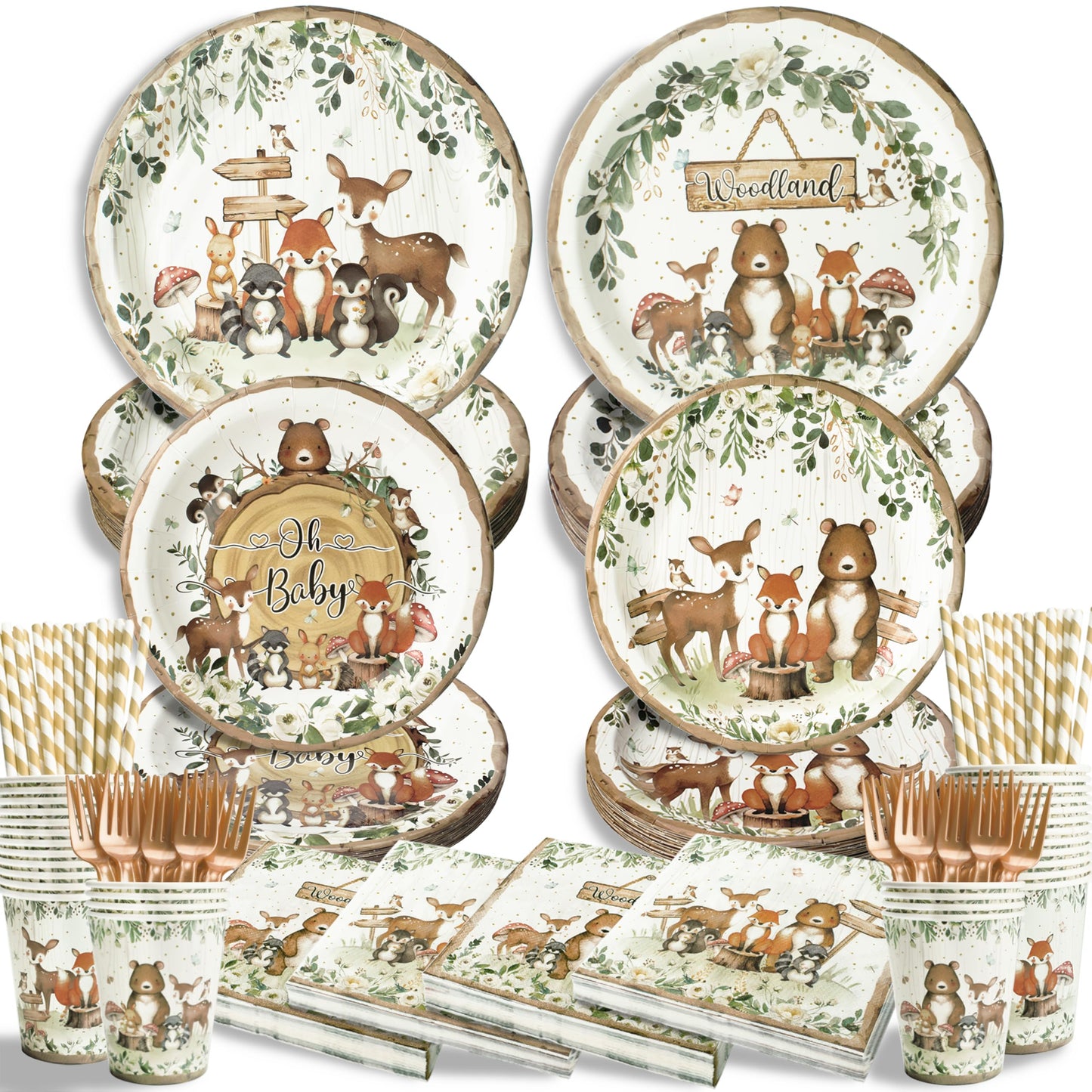 Kinovo 300Pcs Woodland Baby Shower Party Supplies – Serves 50 Guests