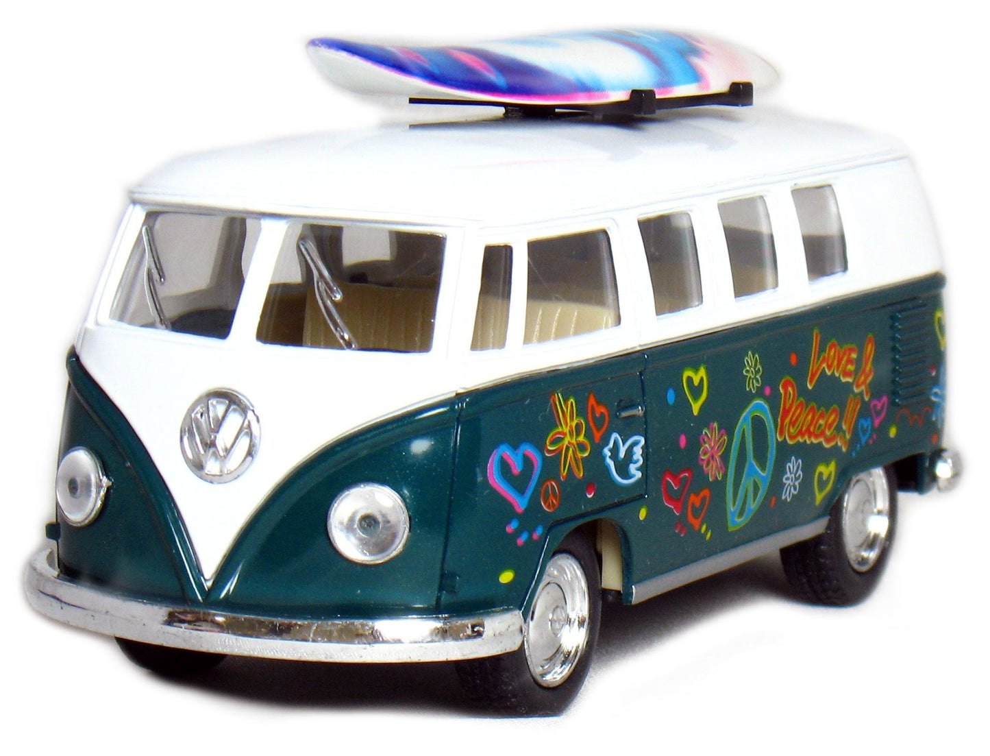 KiNSMART 1962 Volkswagen Bus 1:32 Die-Cast Model – Pull-Back Action, 5-Inch, Surfboard Flower Power (4-Pack)