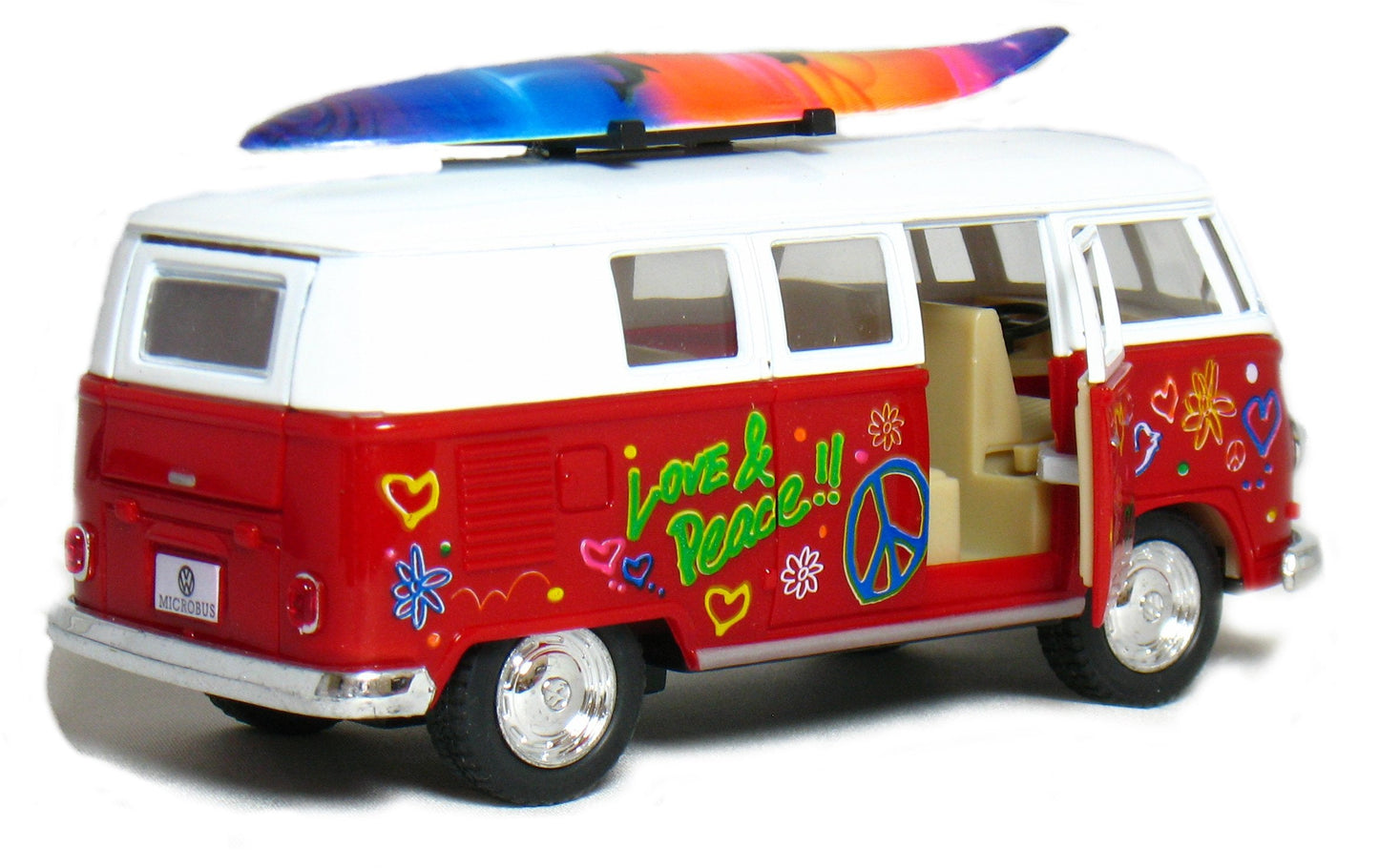 KiNSMART 1962 Volkswagen Bus 1:32 Die-Cast Model – Pull-Back Action, 5-Inch, Surfboard Flower Power (4-Pack)
