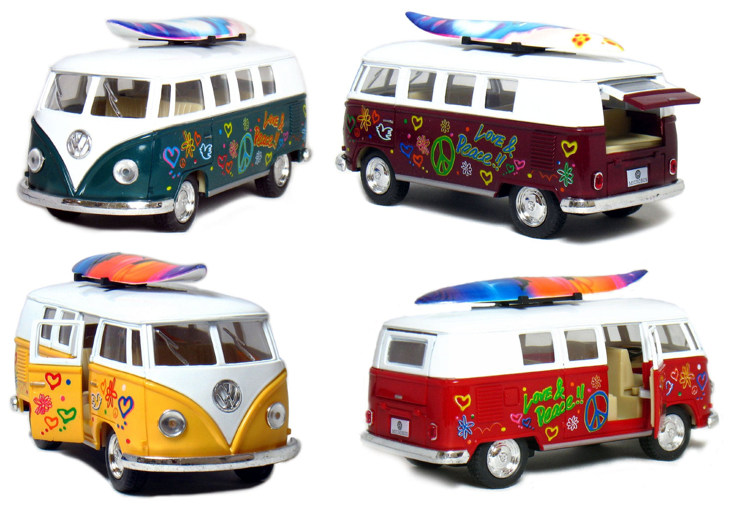KiNSMART 1962 Volkswagen Bus 1:32 Die-Cast Model – Pull-Back Action, 5-Inch, Surfboard Flower Power (4-Pack)