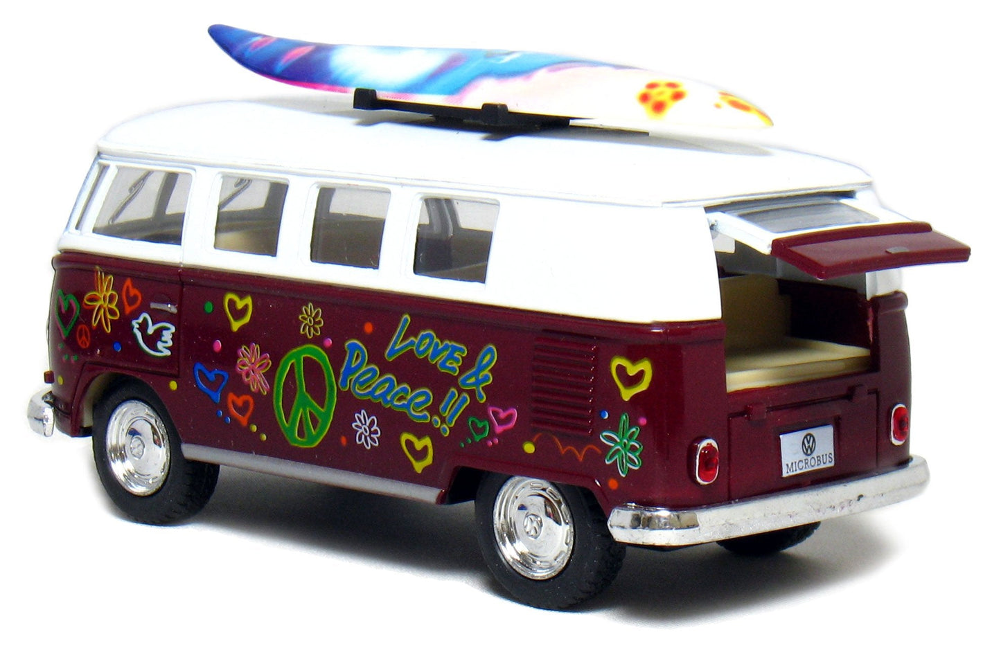 KiNSMART 1962 Volkswagen Bus 1:32 Die-Cast Model – Pull-Back Action, 5-Inch, Surfboard Flower Power (4-Pack)