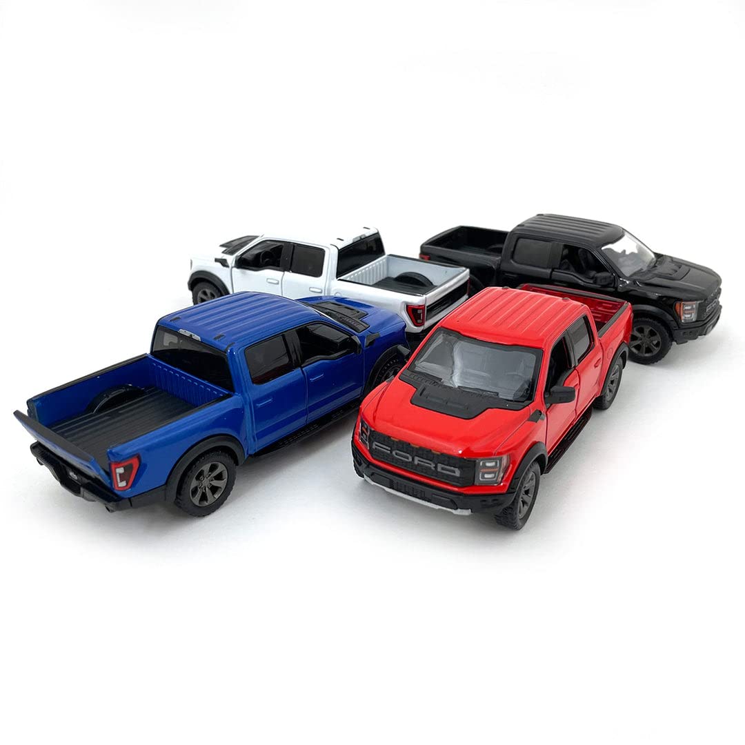 KiNSMART Set of 4 2022 Ford F-150 Raptor 5-inch Die-Cast Model Trucks – 1:46 Scale (Black, White, Red, Blue)
