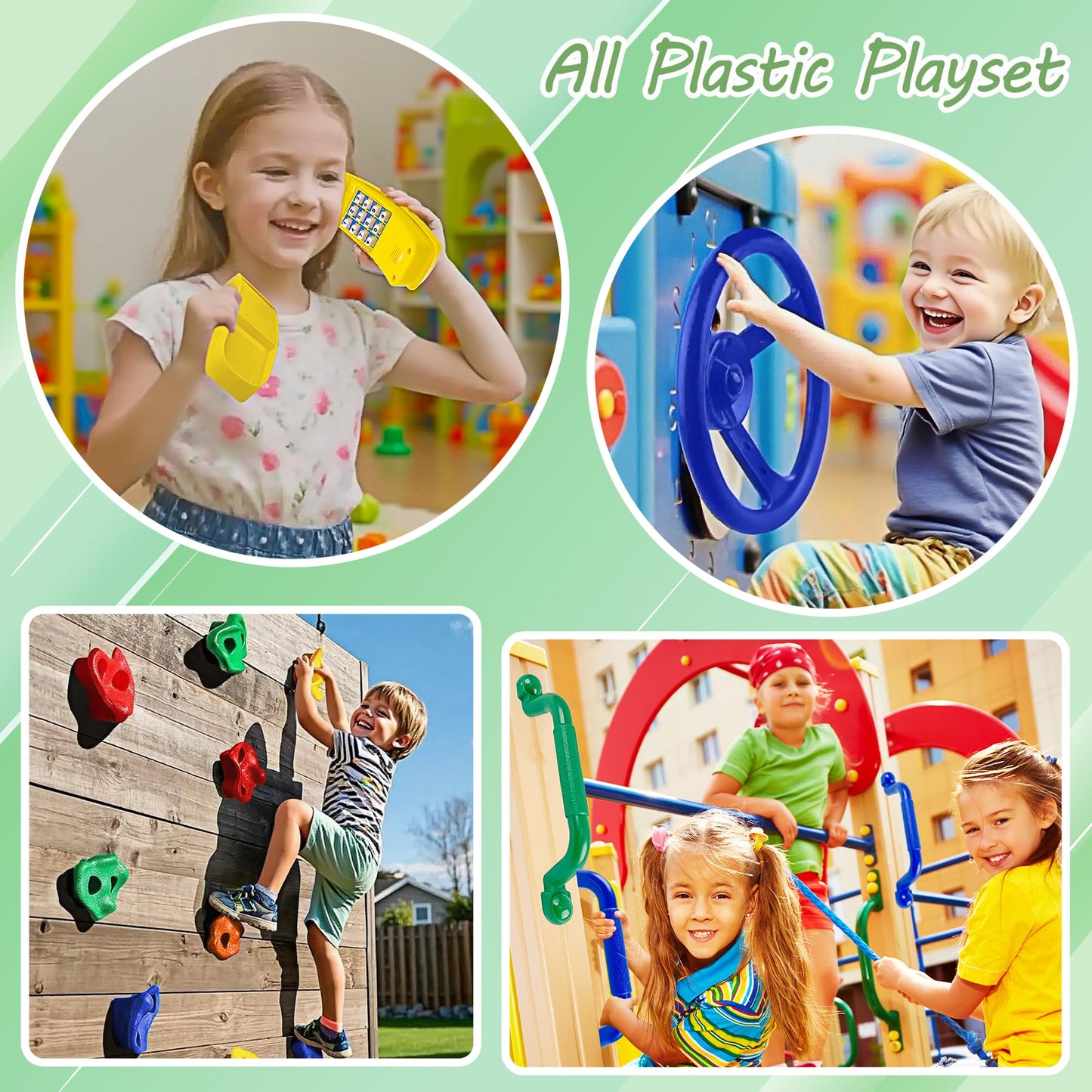 KINSPORY 17-Pack Playground Parts & Accessories for Kids – Rock Climbing Holds, Handles, Play Phones & Steering Wheel