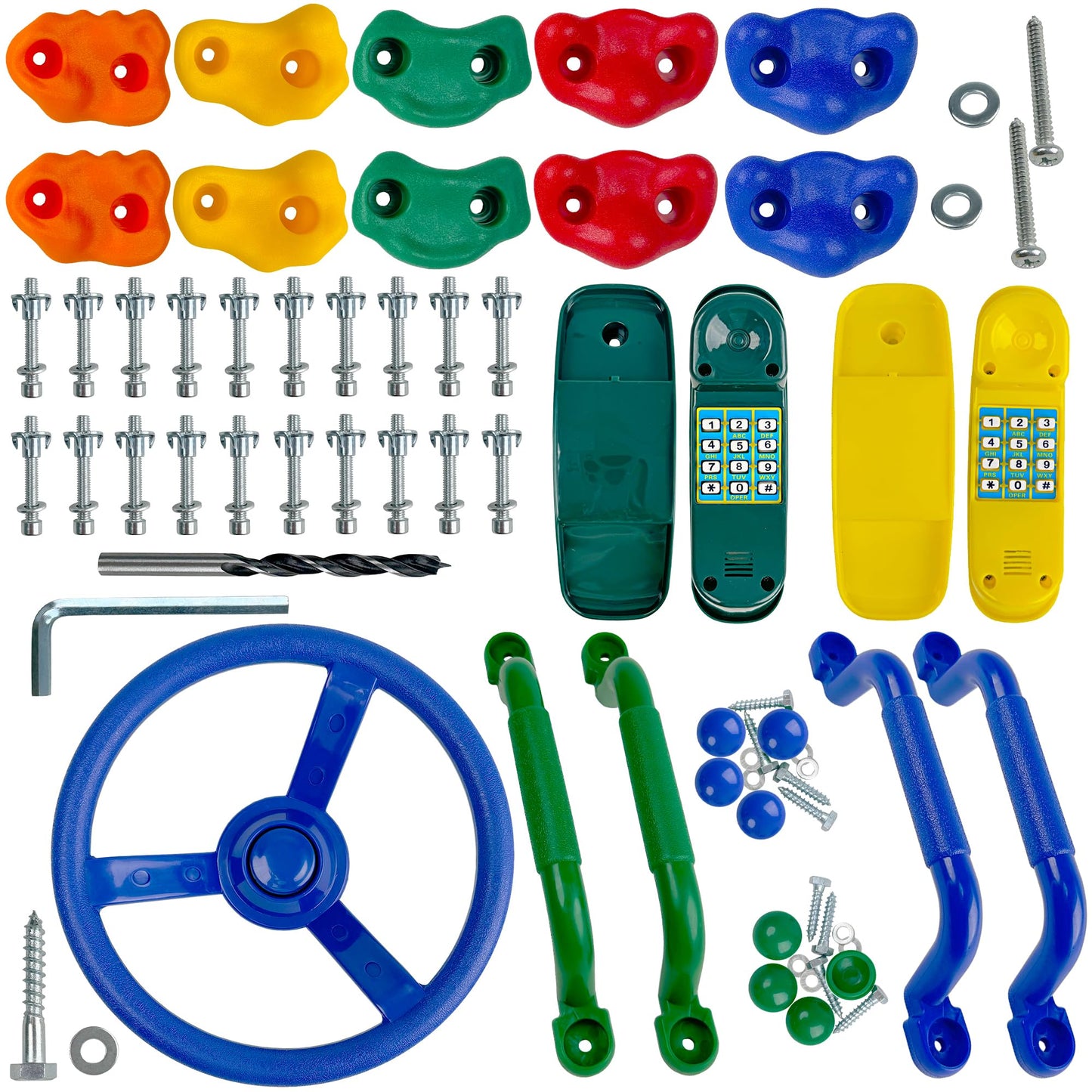 KINSPORY 17-Pack Playground Parts & Accessories for Kids – Rock Climbing Holds, Handles, Play Phones & Steering Wheel