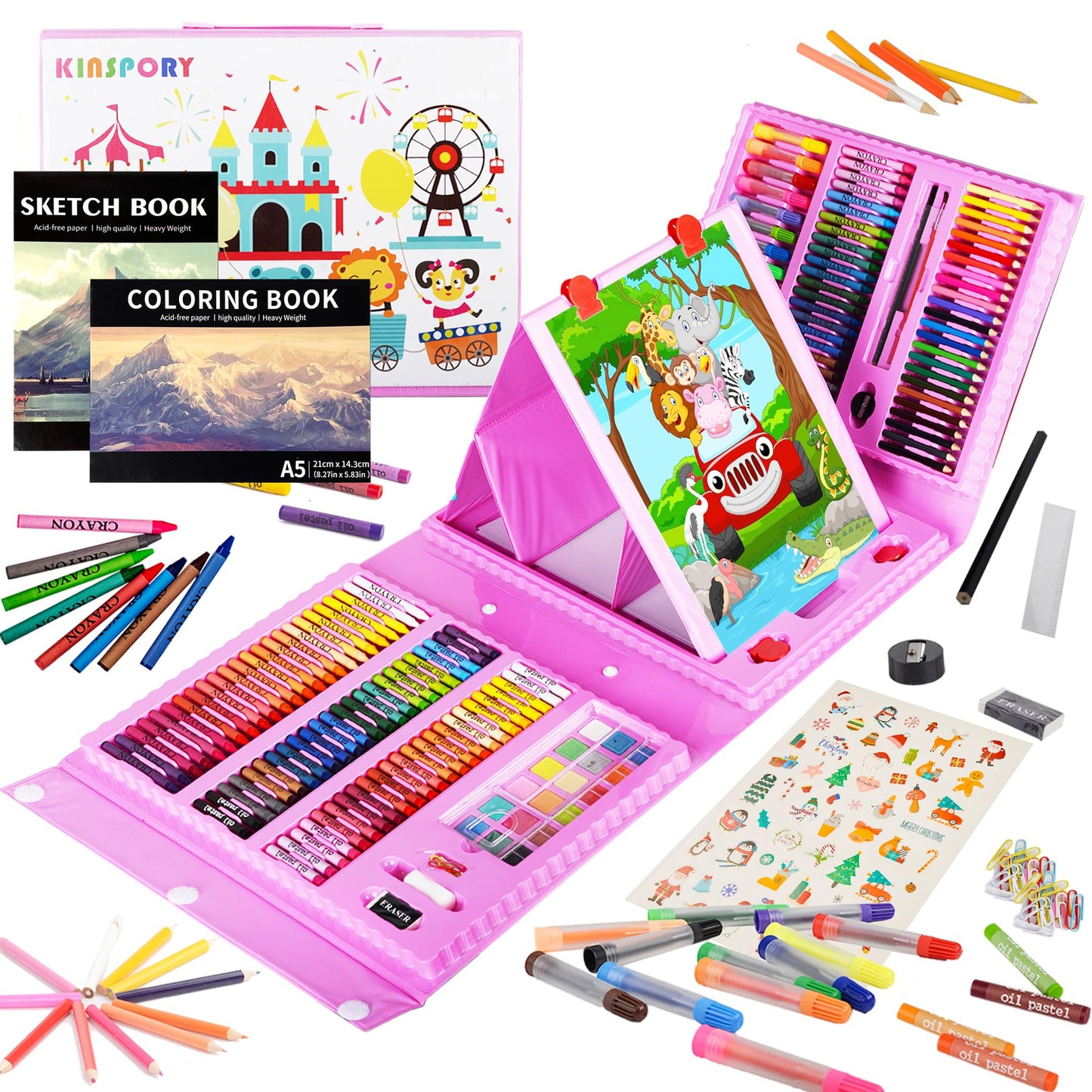 KINSPORY 290-Piece Art Set with Double-Side Easel – Pink Creative Gift for Kids