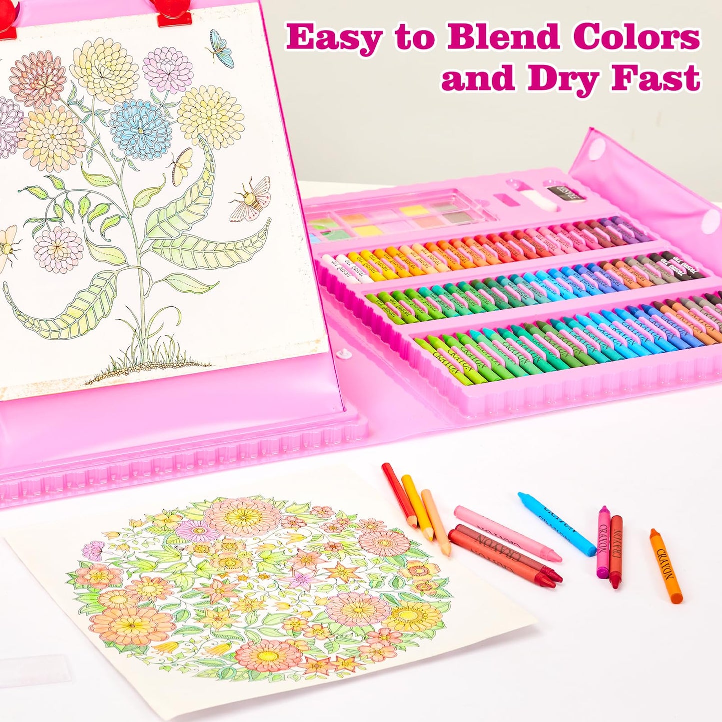 KINSPORY 290-Piece Art Set with Double-Side Easel – Pink Creative Gift for Kids