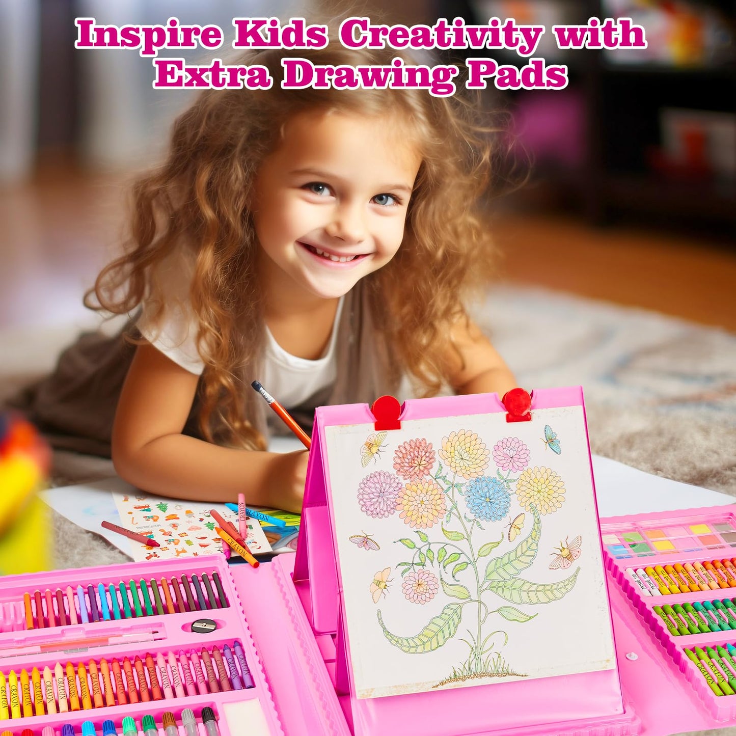 KINSPORY 290-Piece Art Set with Double-Side Easel – Pink Creative Gift for Kids