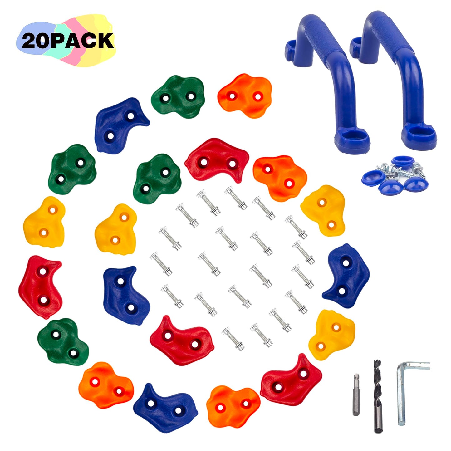 KINSPORY 20pc Rock Wall Climbing Holds Set – Pig Nose Shapes with Two Blue Handles for Indoor/Outdoor Play