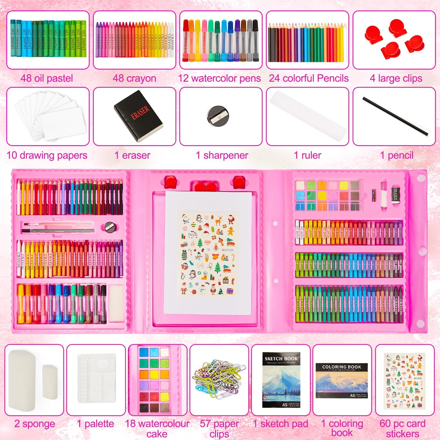 KINSPORY 290-Piece Art Set with Double-Side Easel – Pink Creative Gift for Kids
