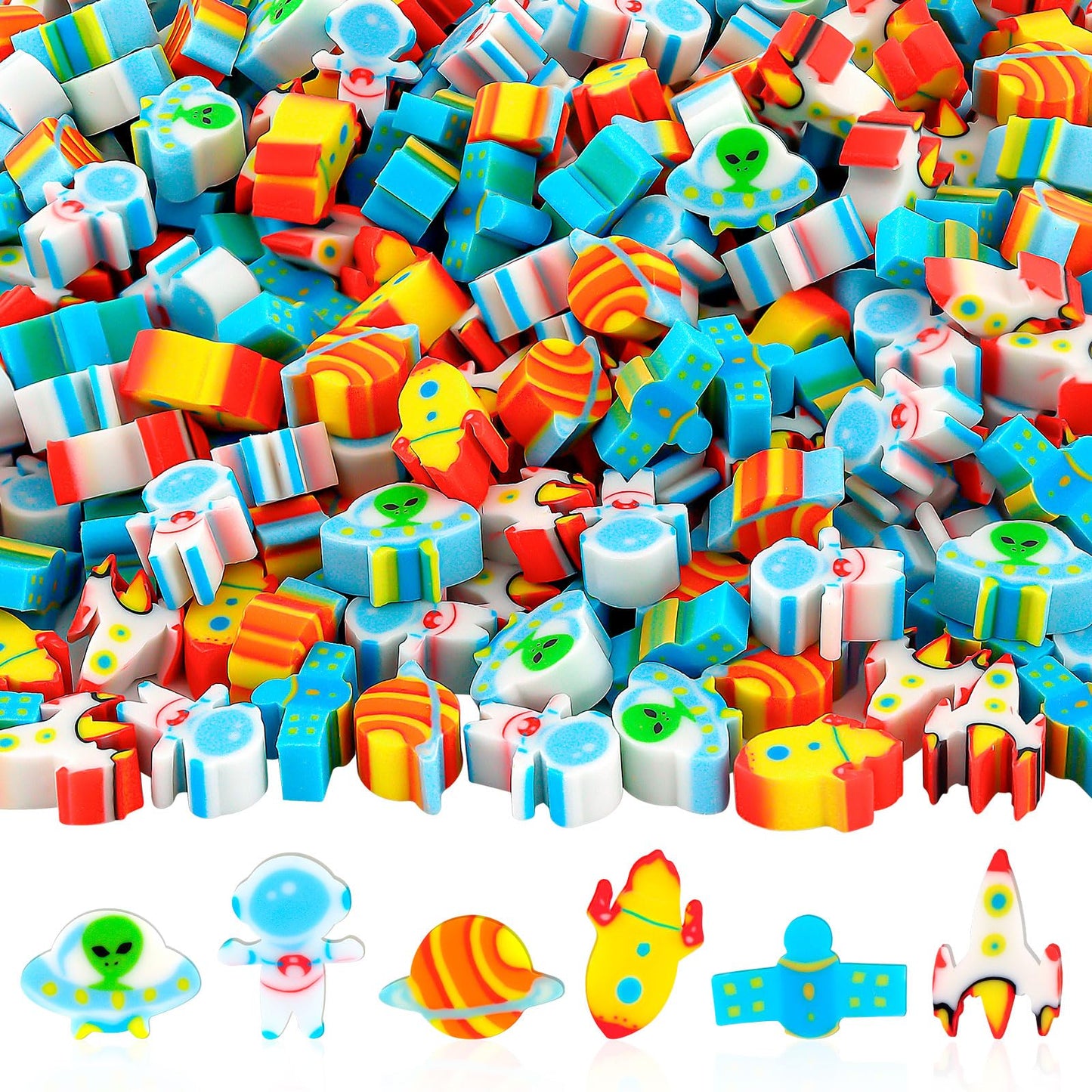 KINYFY 240 Pcs Space Erasers — Mini Astronaut, Rocket, UFO Pencil Erasers for Kids, Party Favors & Classroom Rewards
