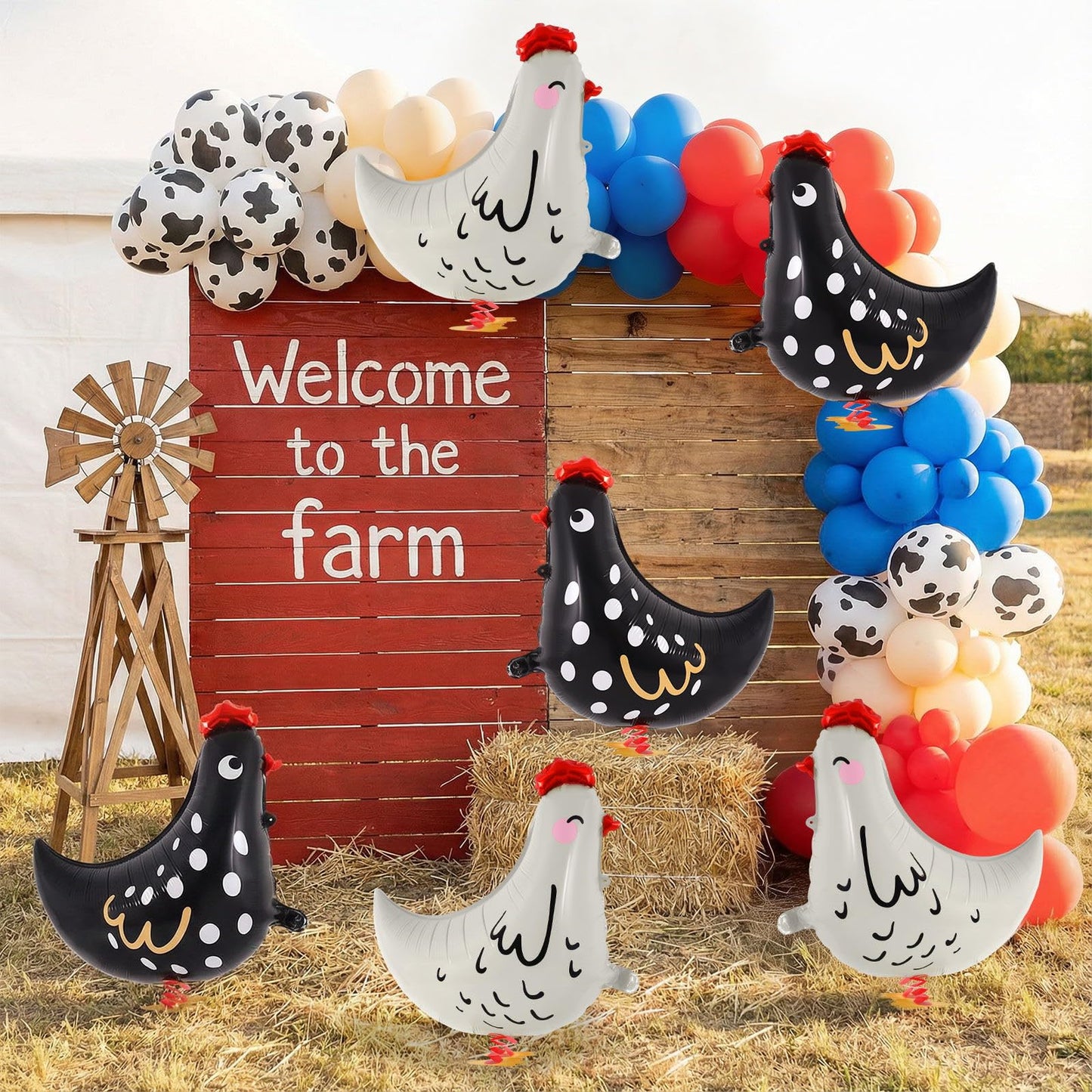 KINYFY 6-Piece Walking Chicken Balloons - 20 inch Aluminum Foil Party Decorations White & Black