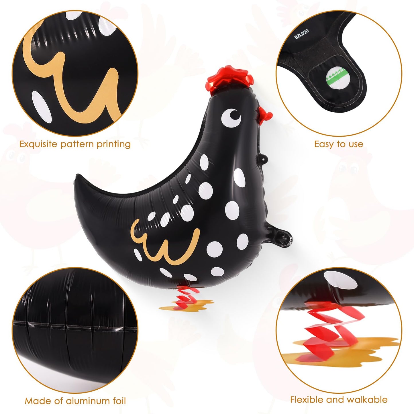 KINYFY 6-Piece Walking Chicken Balloons - 20 inch Aluminum Foil Party Decorations White & Black