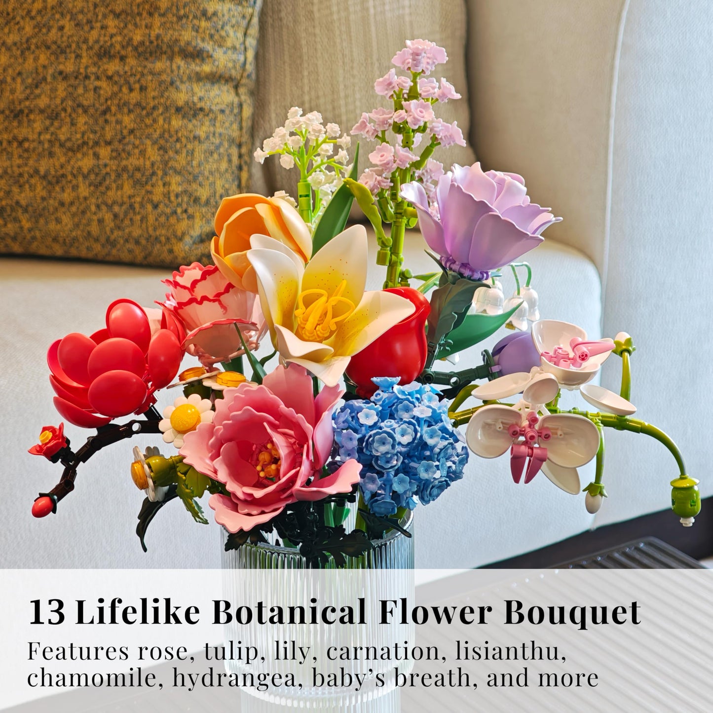 kioooki Flowers Bouquet Building Set for Adults – 13 Buildable Blooms, 925 Pieces (Vase Not Included)