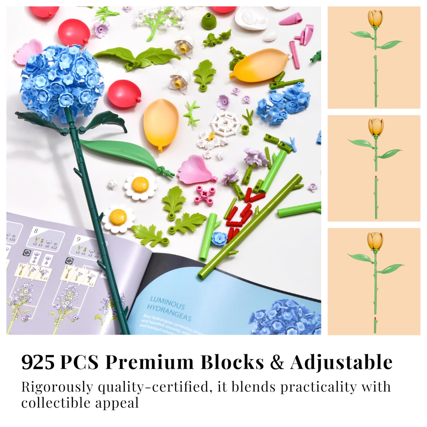 kioooki Flowers Bouquet Building Set for Adults – 13 Buildable Blooms, 925 Pieces (Vase Not Included)