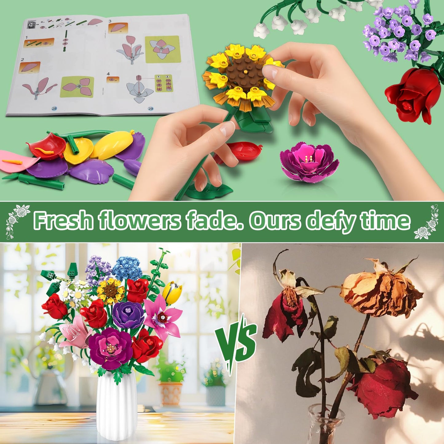 Kiothdre Flower Bouquet Set for Adults - Buildable Artificial Floral Collection