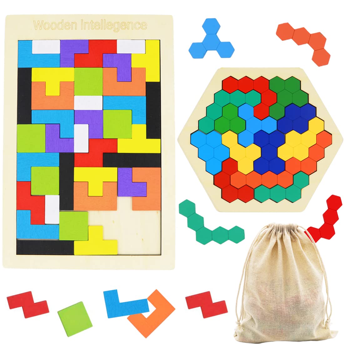 Kiouposy 2 Pack Wooden Russian Blocks & Hexagon Puzzles – Brain Teasers for All Ages