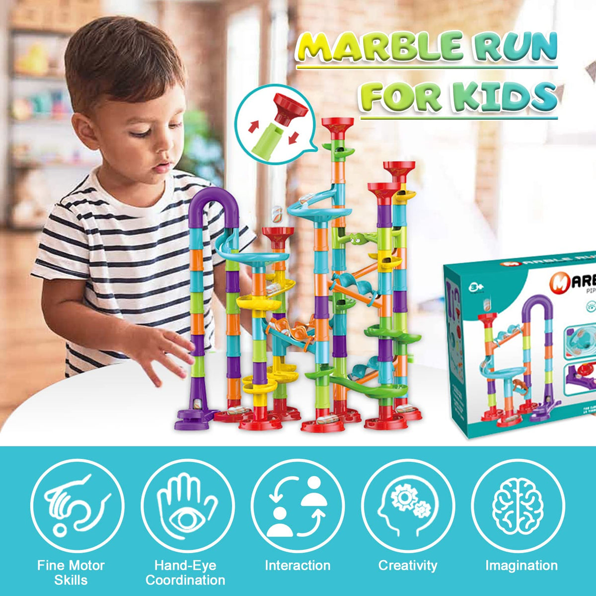 Kipawa Marble Run for Kids 4-8 – DIY 3D Maze Building Blocks with Glass Marbles