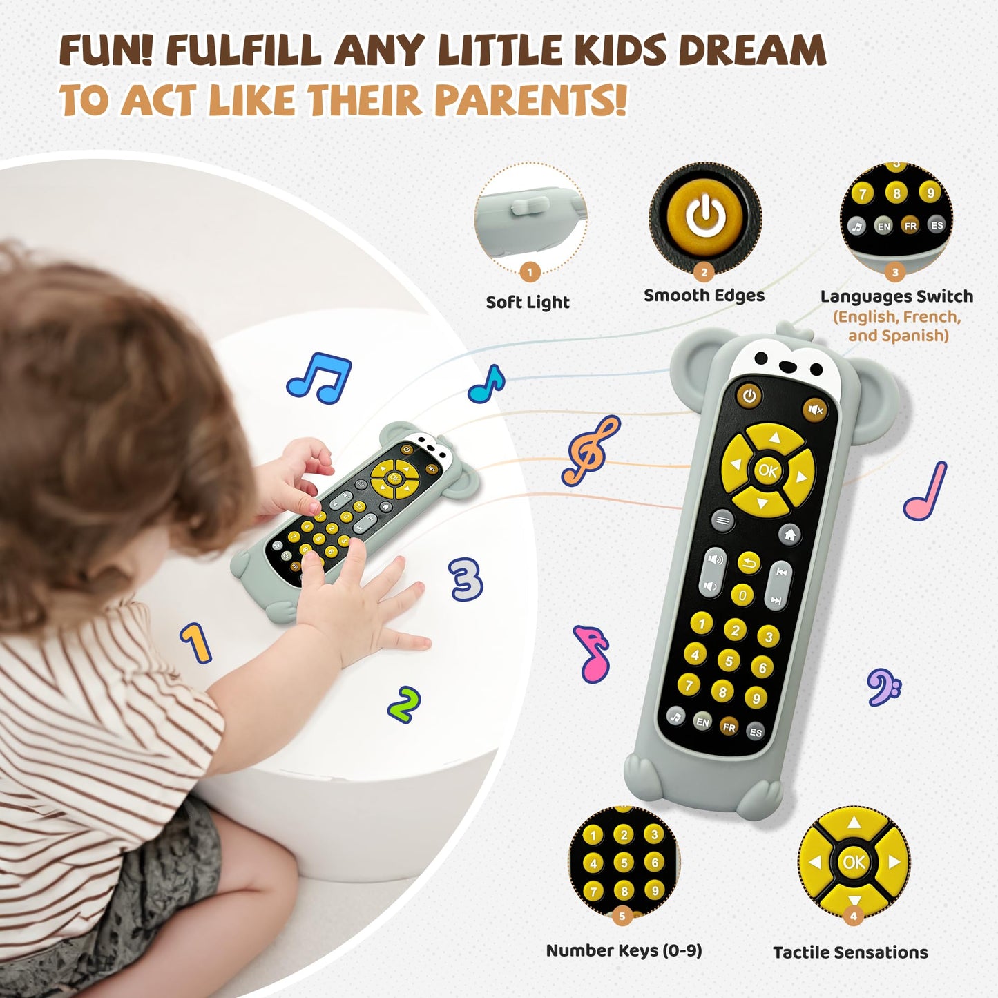 KIRALUMI Baby Remote Control Toy with Monkey Silicone Cover – Educational Musical Toy for 6–18 Months