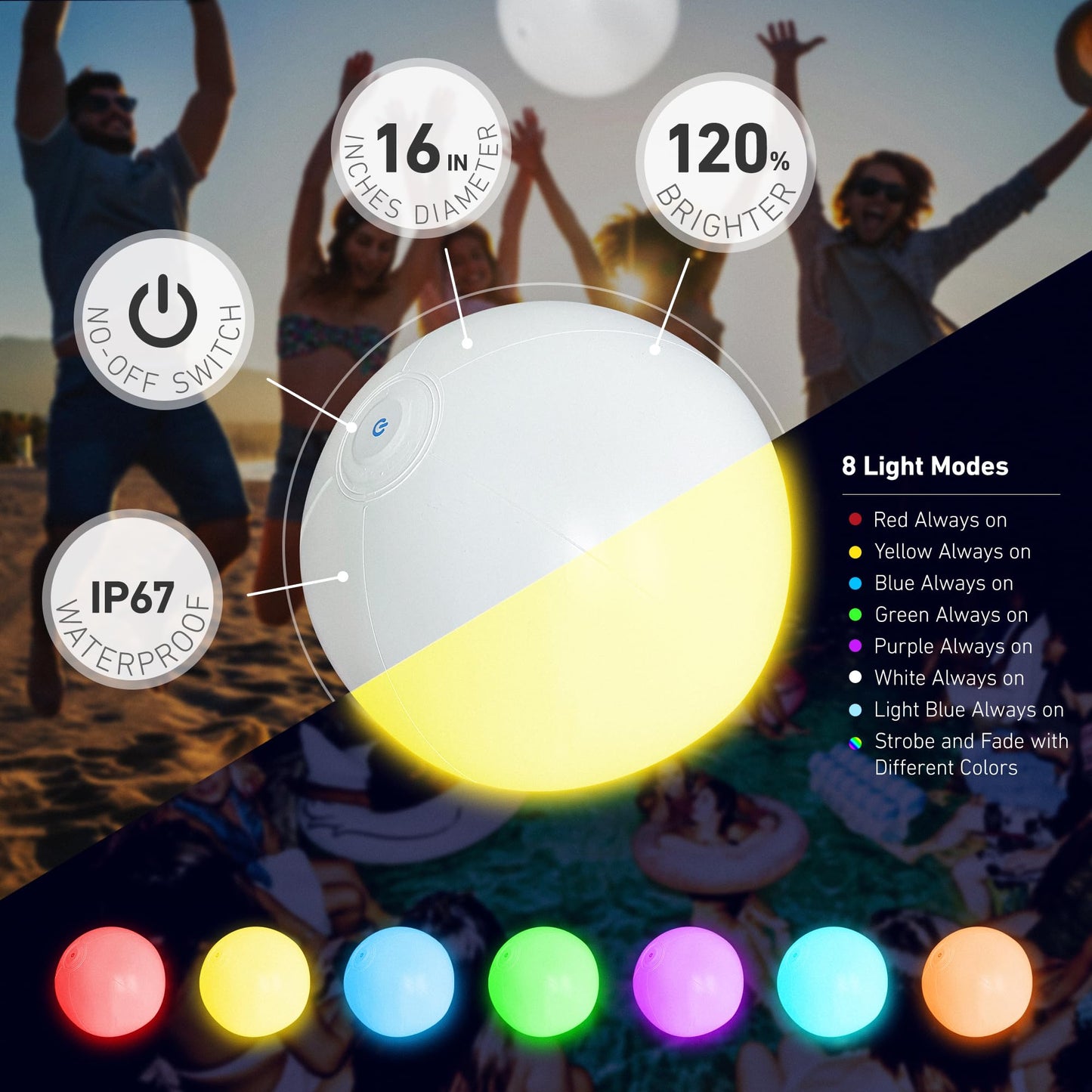 KIRALUMI Glow Beach Balls 16-Inch – 2 Pack with 8 LED Modes