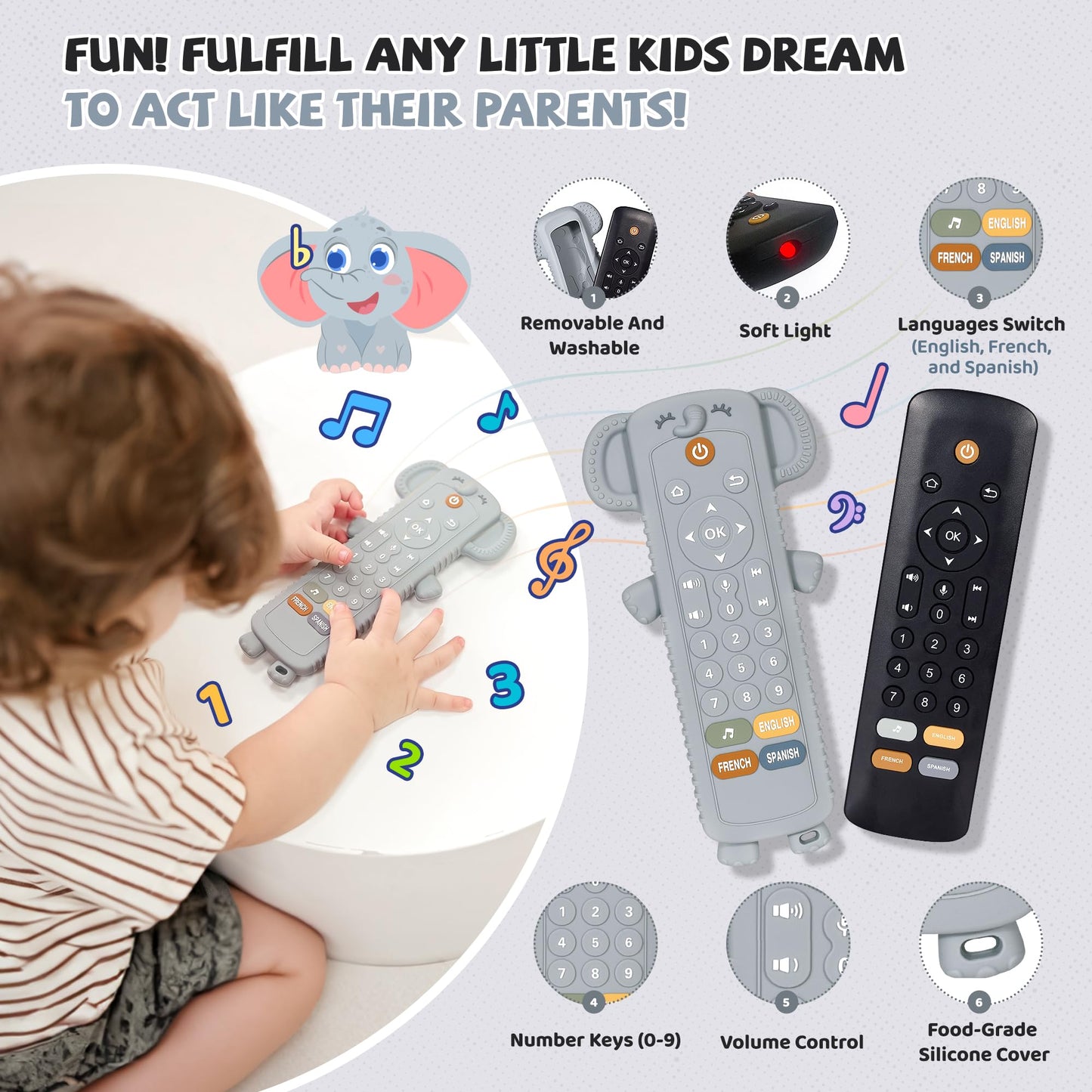 KIRALUMI Baby Remote Toy with Silicone Teether Cover — 3-Language Learning (6-18 Months)