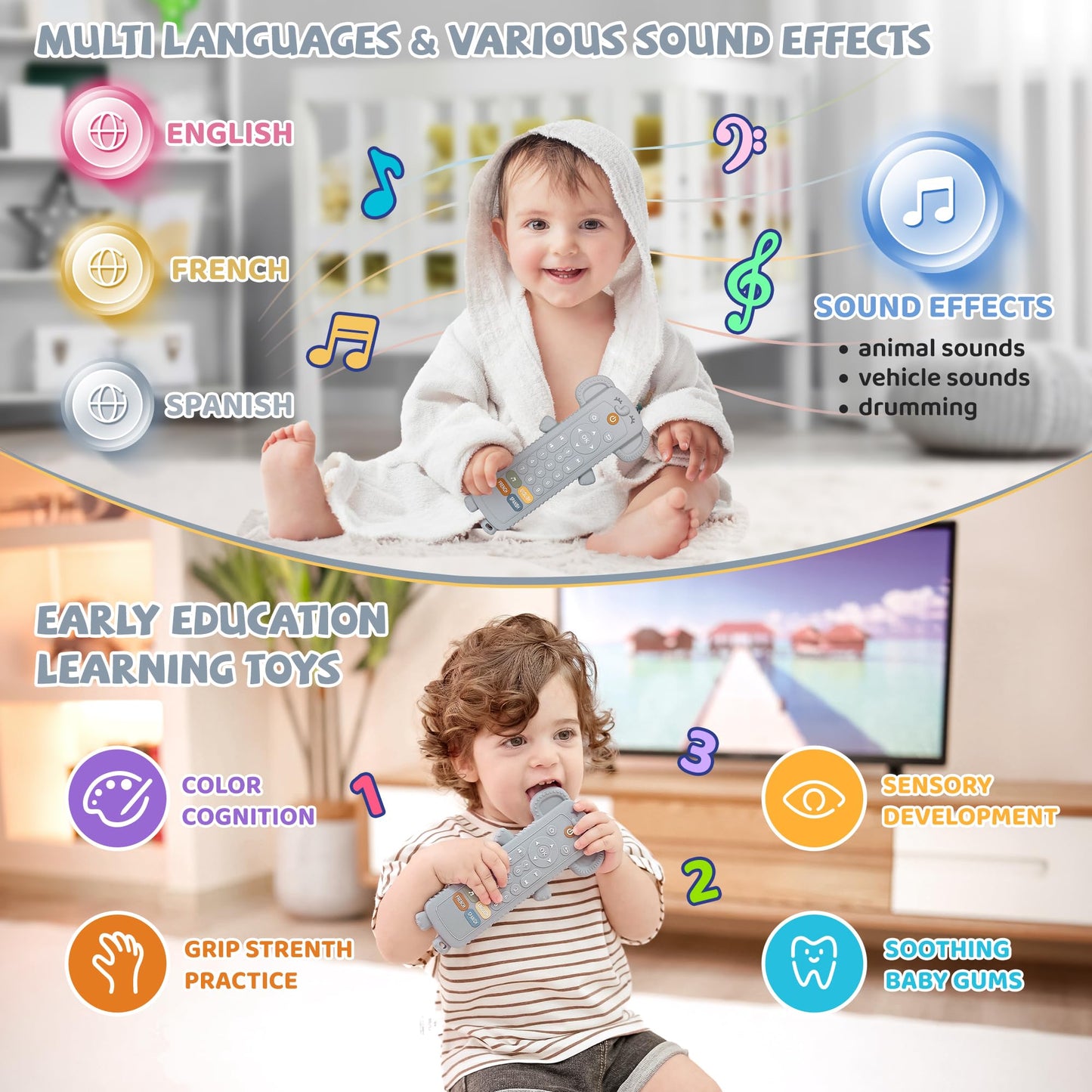 KIRALUMI Baby Remote Toy with Silicone Teether Cover — 3-Language Learning (6-18 Months)