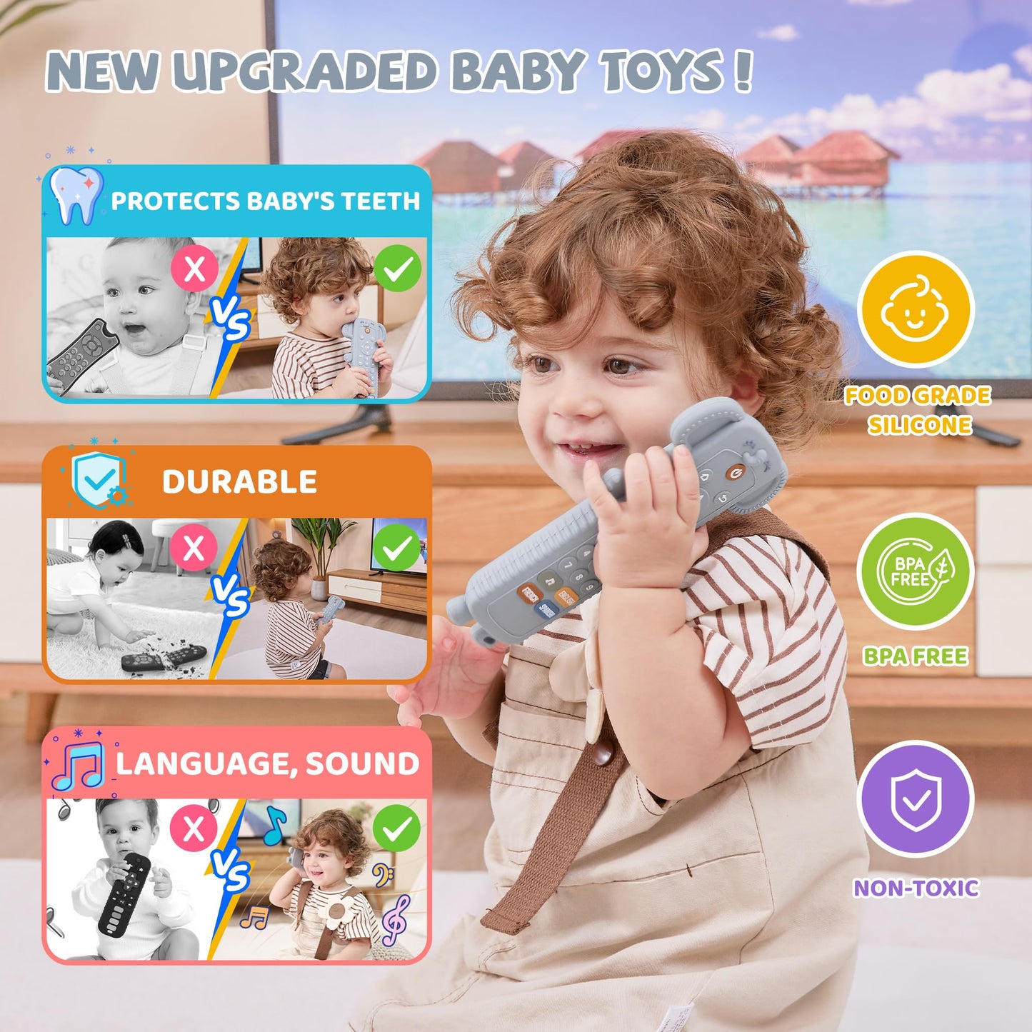 KIRALUMI Baby Remote Toy with Silicone Teether Cover — 3-Language Learning (6-18 Months)