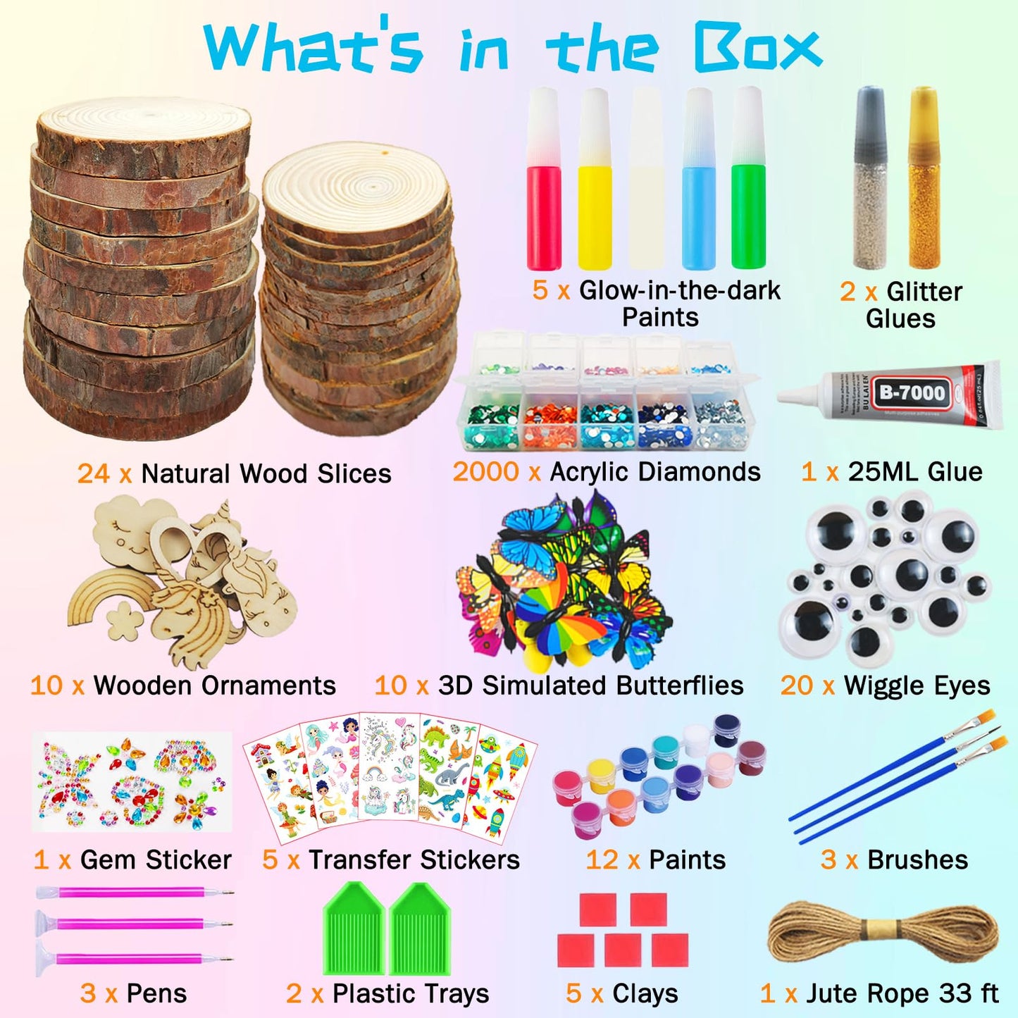 Kirkotoy Glow-in-the-Dark Wooden Crafts Kit for Kids – 24 Wood Slices, Arts & Crafts Gift for Ages 6–12