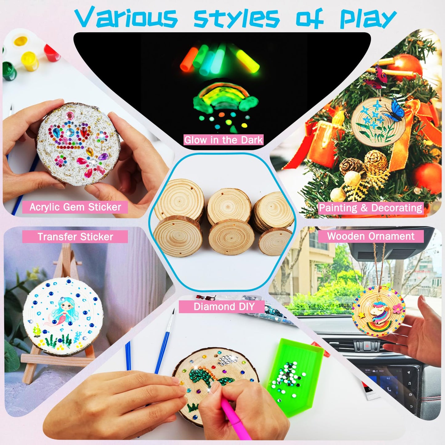 Kirkotoy Glow-in-the-Dark Wooden Crafts Kit for Kids – 24 Wood Slices, Arts & Crafts Gift for Ages 6–12