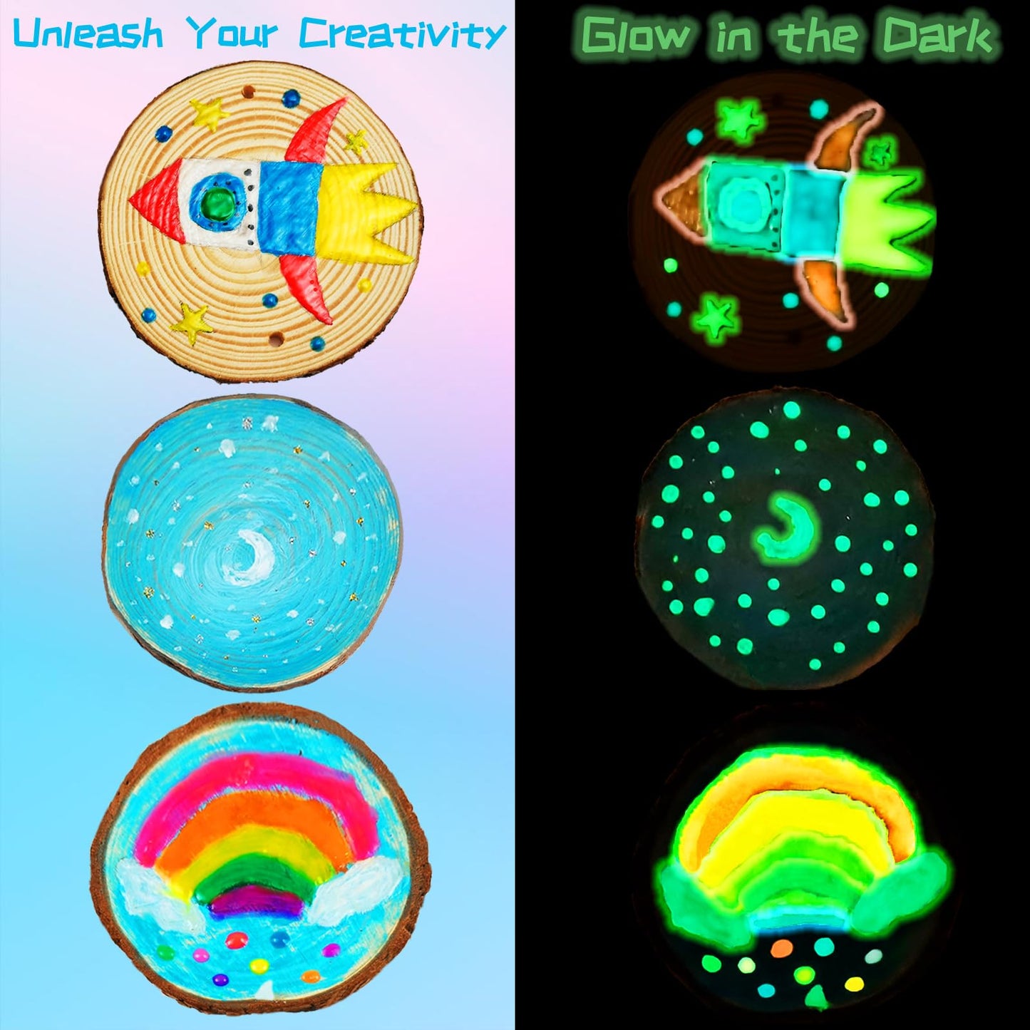 Kirkotoy Glow-in-the-Dark Wooden Crafts Kit for Kids – 24 Wood Slices, Arts & Crafts Gift for Ages 6–12
