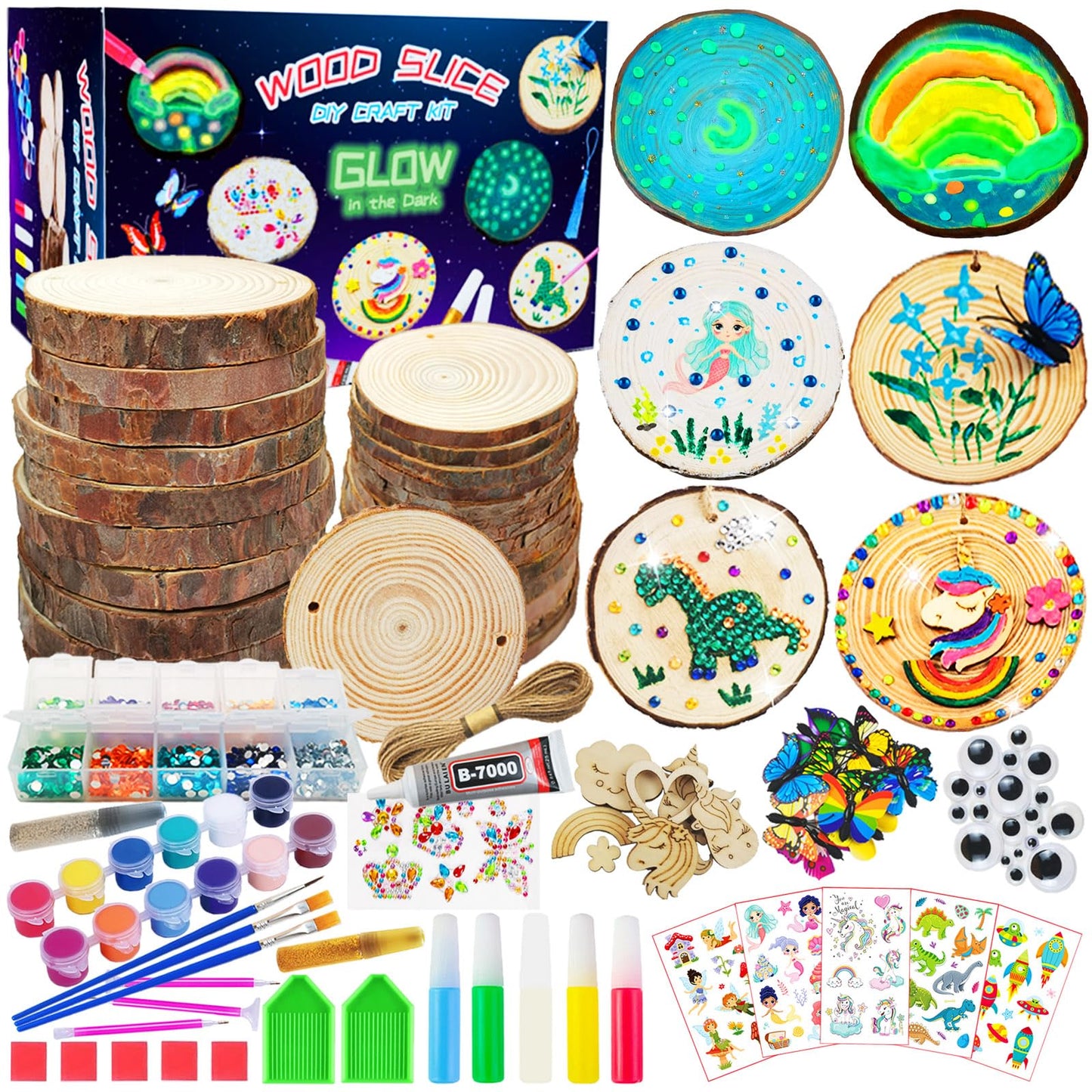 Kirkotoy Glow-in-the-Dark Wooden Crafts Kit for Kids – 24 Wood Slices, Arts & Crafts Gift for Ages 6–12