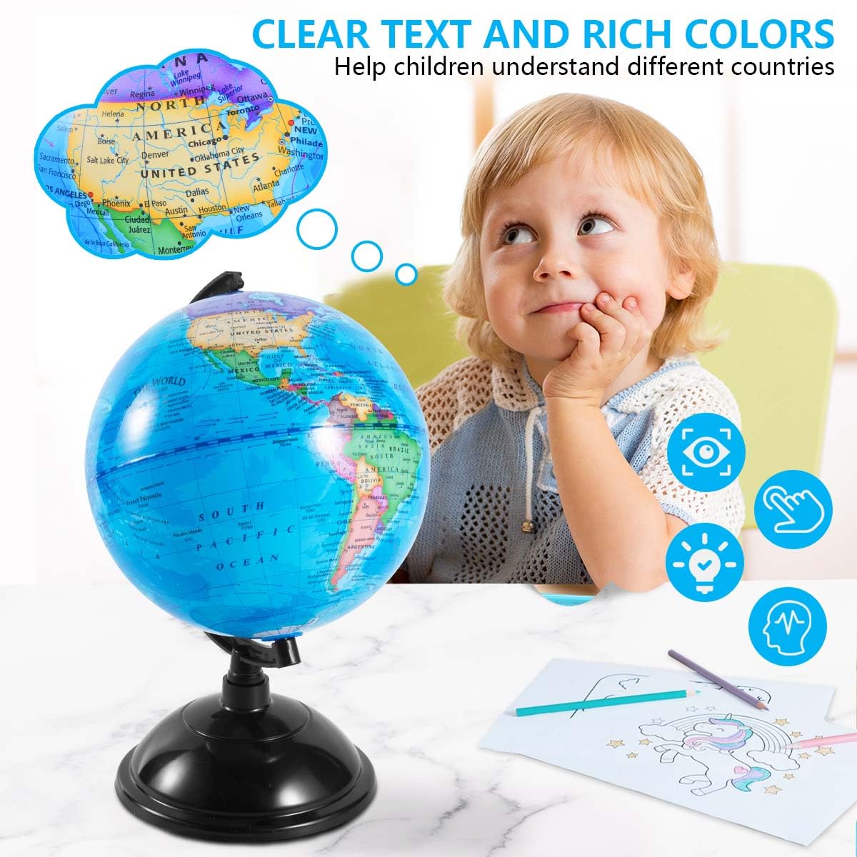 KISEER 8 Inch World Globe with Stand – Rotating Educational Globe for Kids, Classroom & Home (Blue)