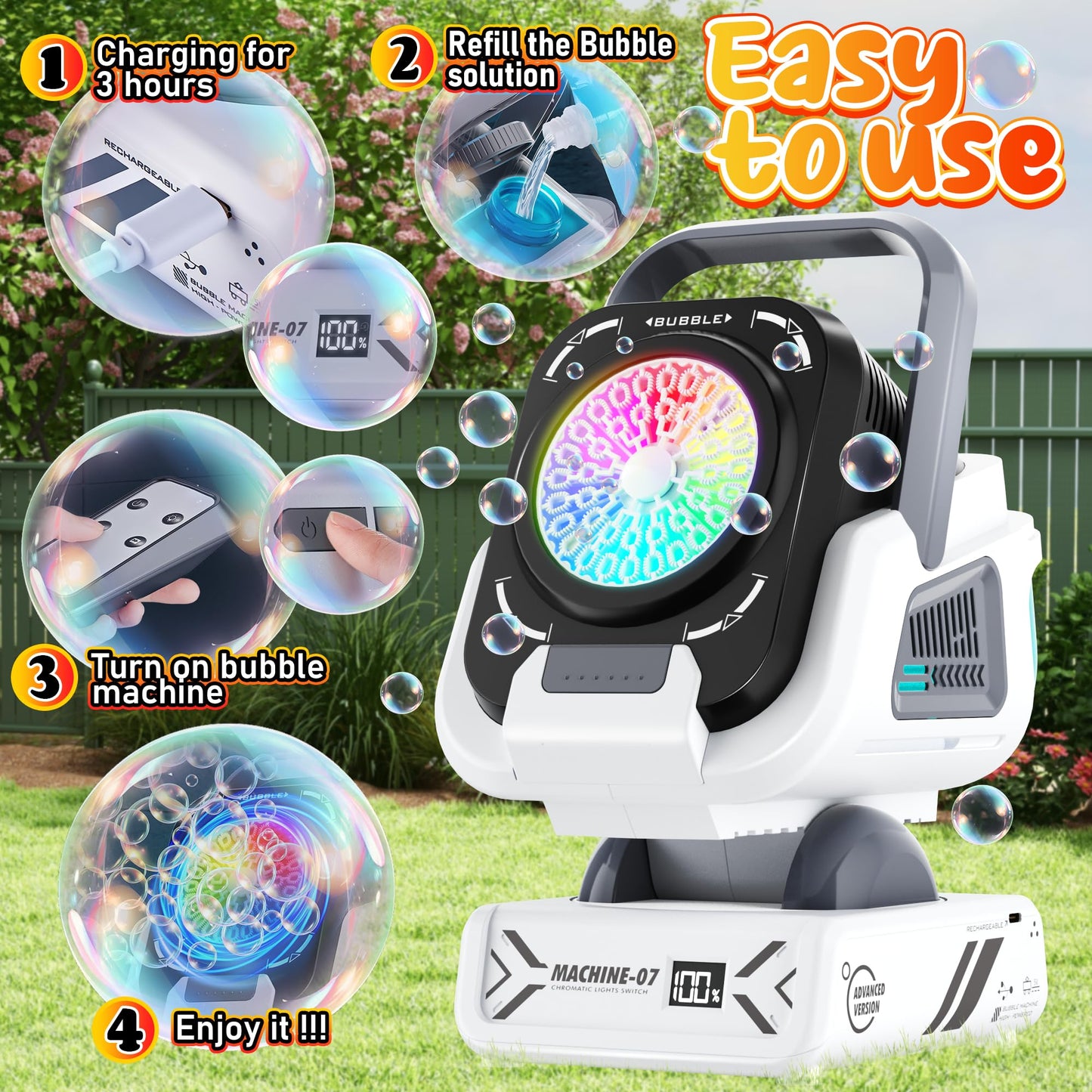Kiskey Bubble Machine — 20,000+ Bubbles/Min, 7-Color RGB Lights, Remote